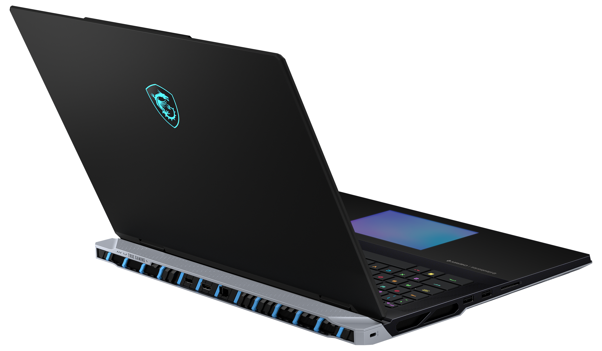 Schwarzer Laptop, geöffnet, um Tastatur und Bildschirm zu zeigen. Der Bildschirm zeigt einen Farbverlauf.