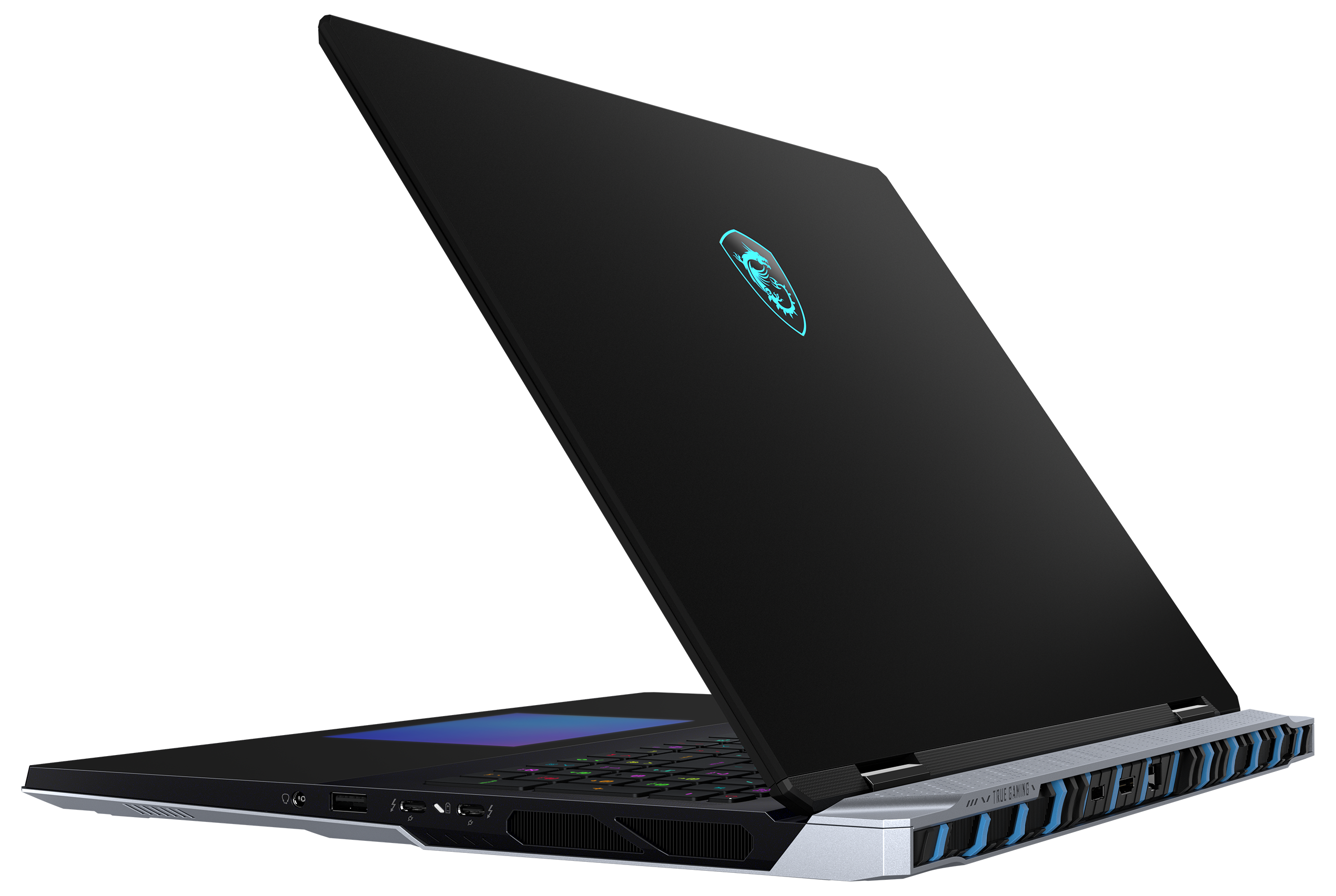 Schwarzer Laptop, offen, mit blauem Licht auf der Tastatur und schwarzem Bildschirm.