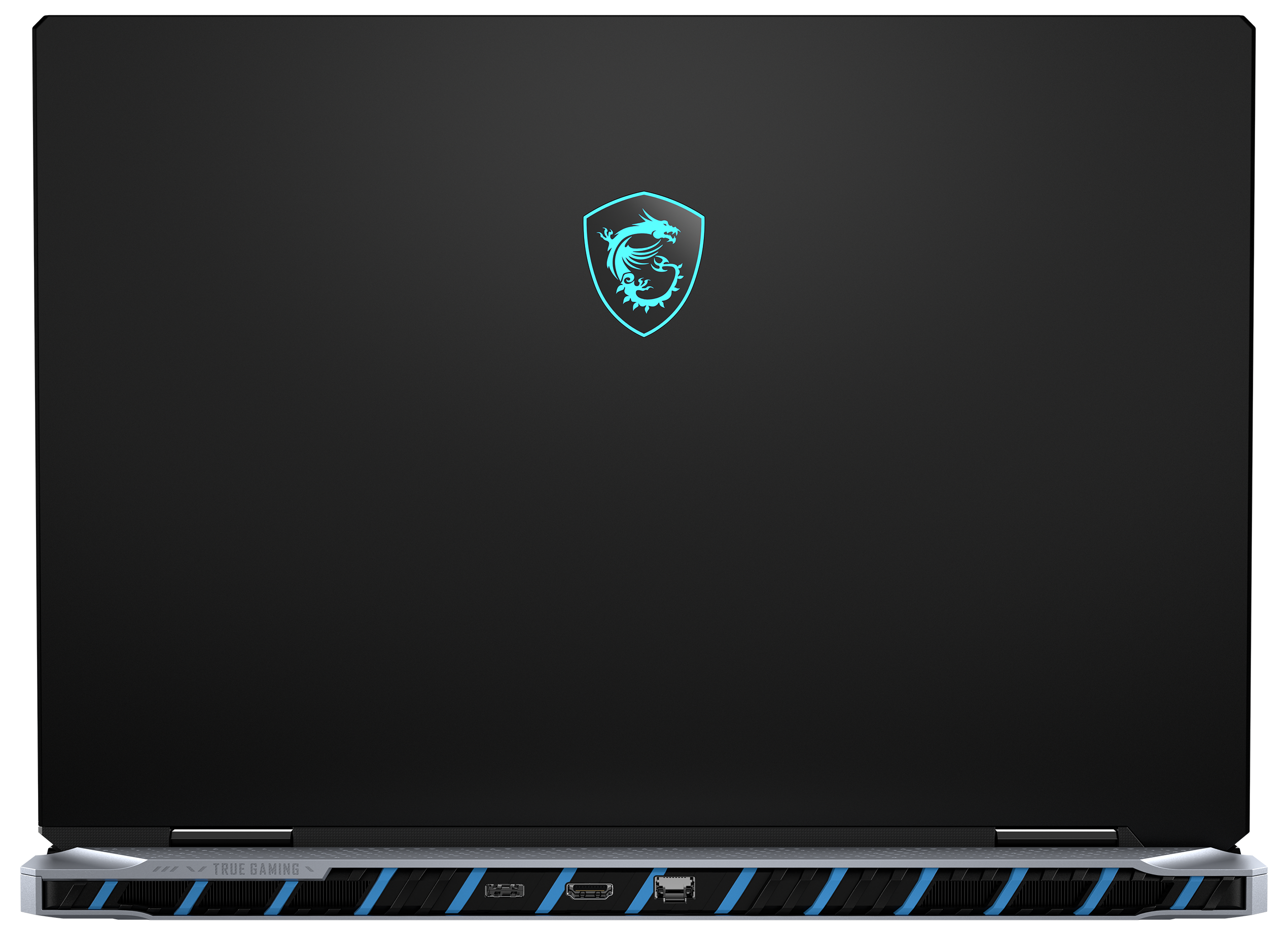 Schwarzer Laptop mit blauem MSI-Logo. Die Rückseite ist schwarz mit blauen Akzenten.