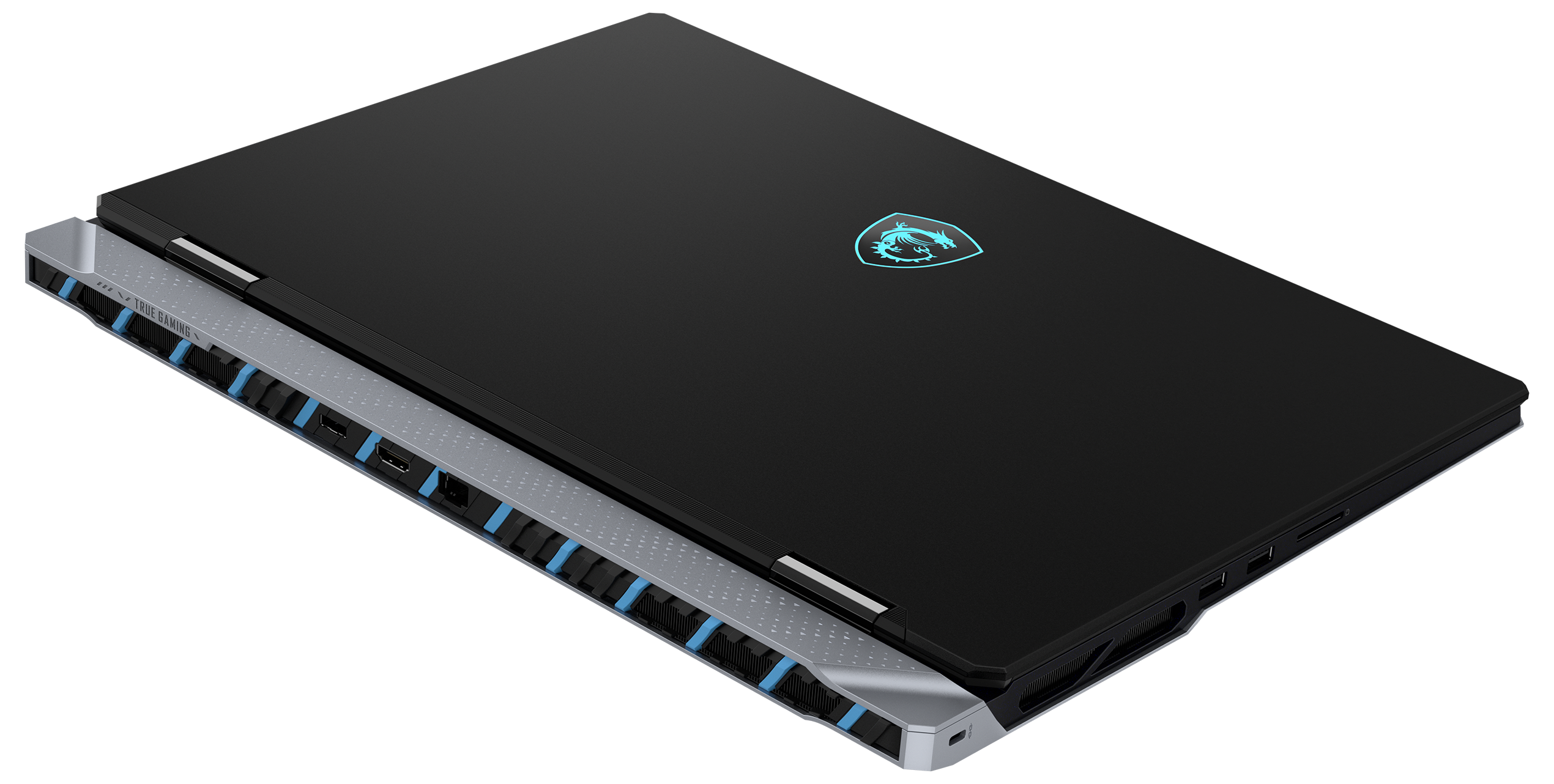 Geschlossener schwarzer MSI-Laptop mit Logo und blauen Akzenten.
