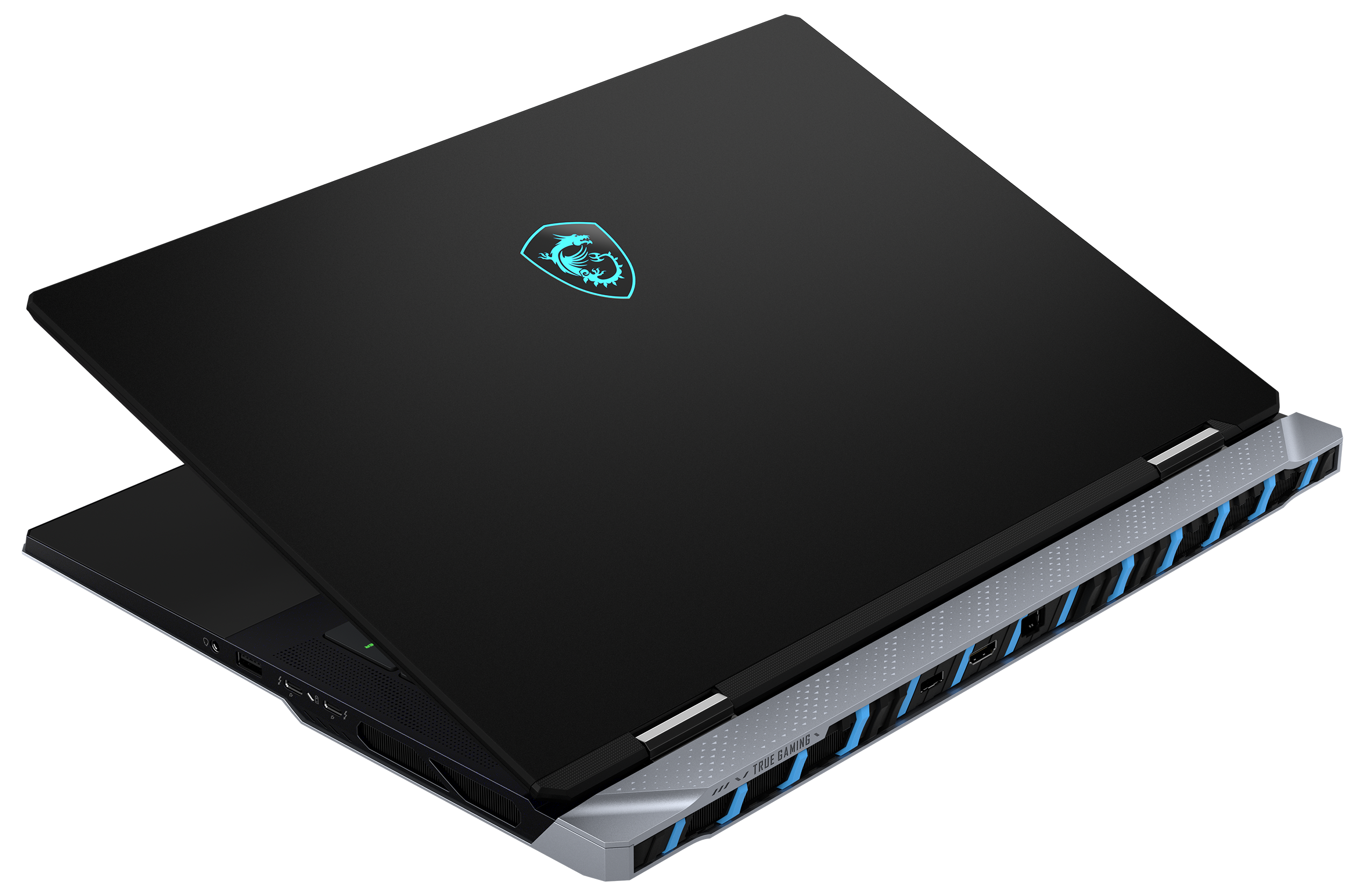 MSI Laptop, schwarz, mit teal-farbenem Logo, geöffnet, Draufsicht.
