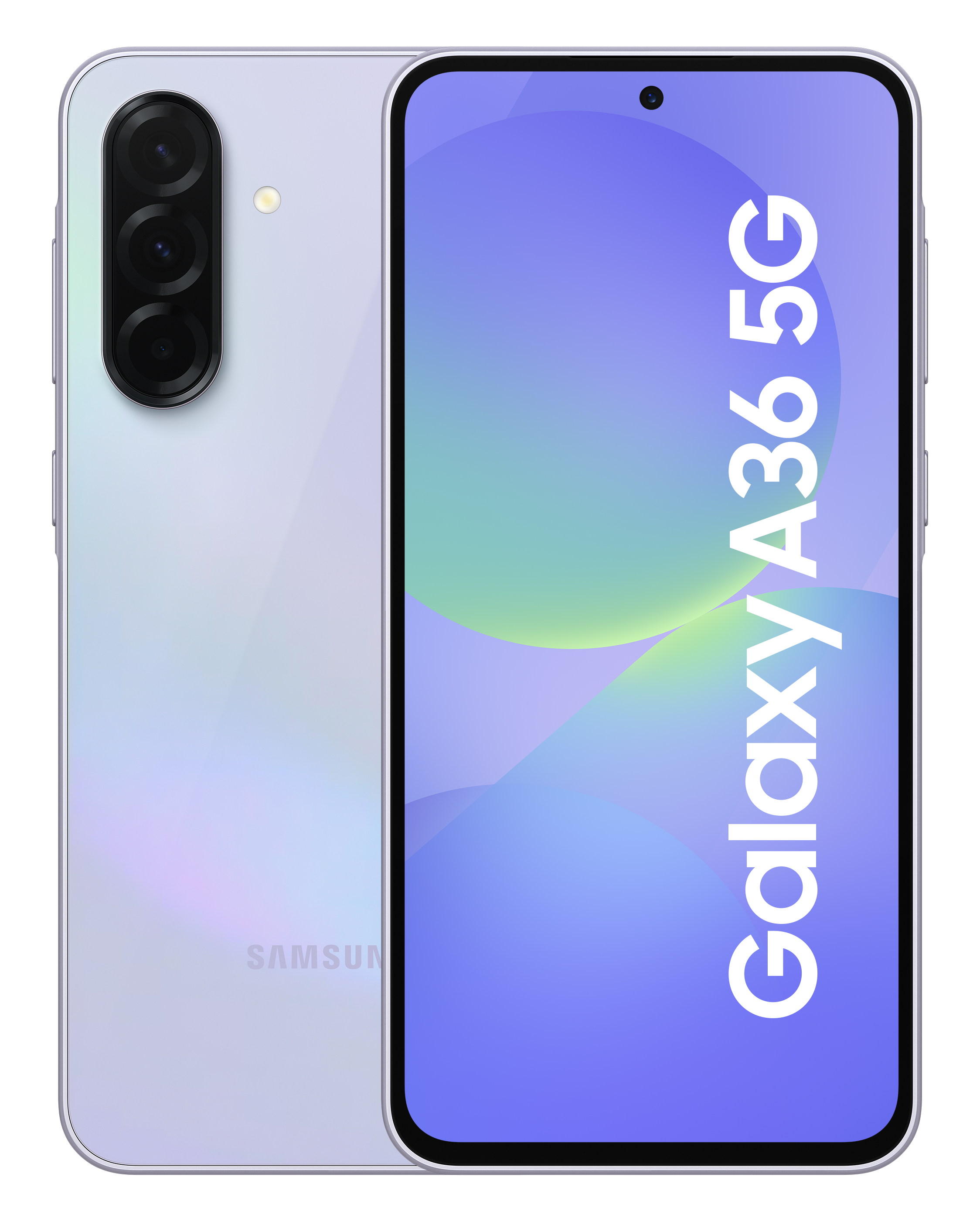 Biało-fioletowy telefon Samsung z aparatem. Wyświetla Galaxy A36 5G na ekranie.