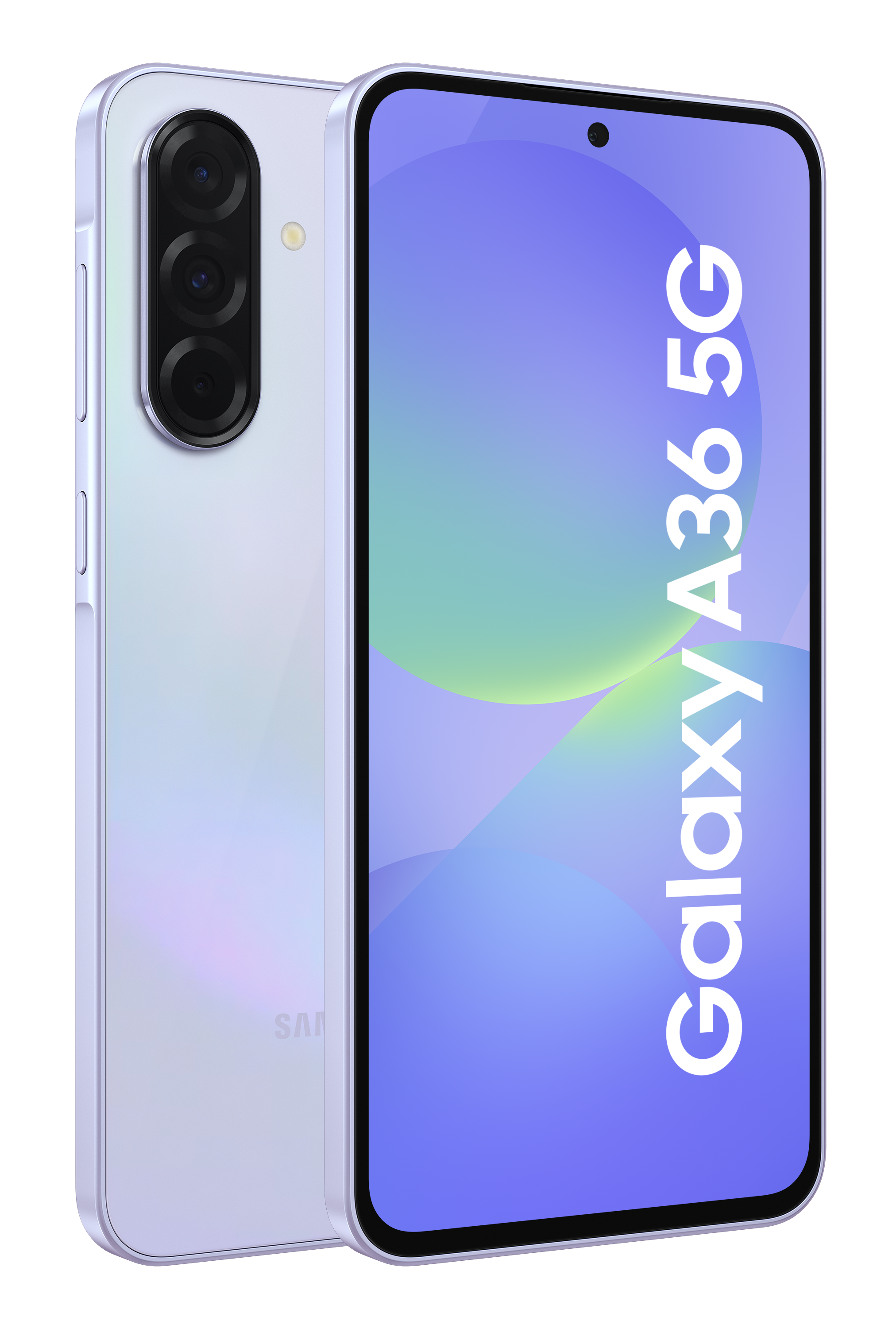 Telefon Samsung Galaxy A36 5G z trzema aparatami i białą obudową.