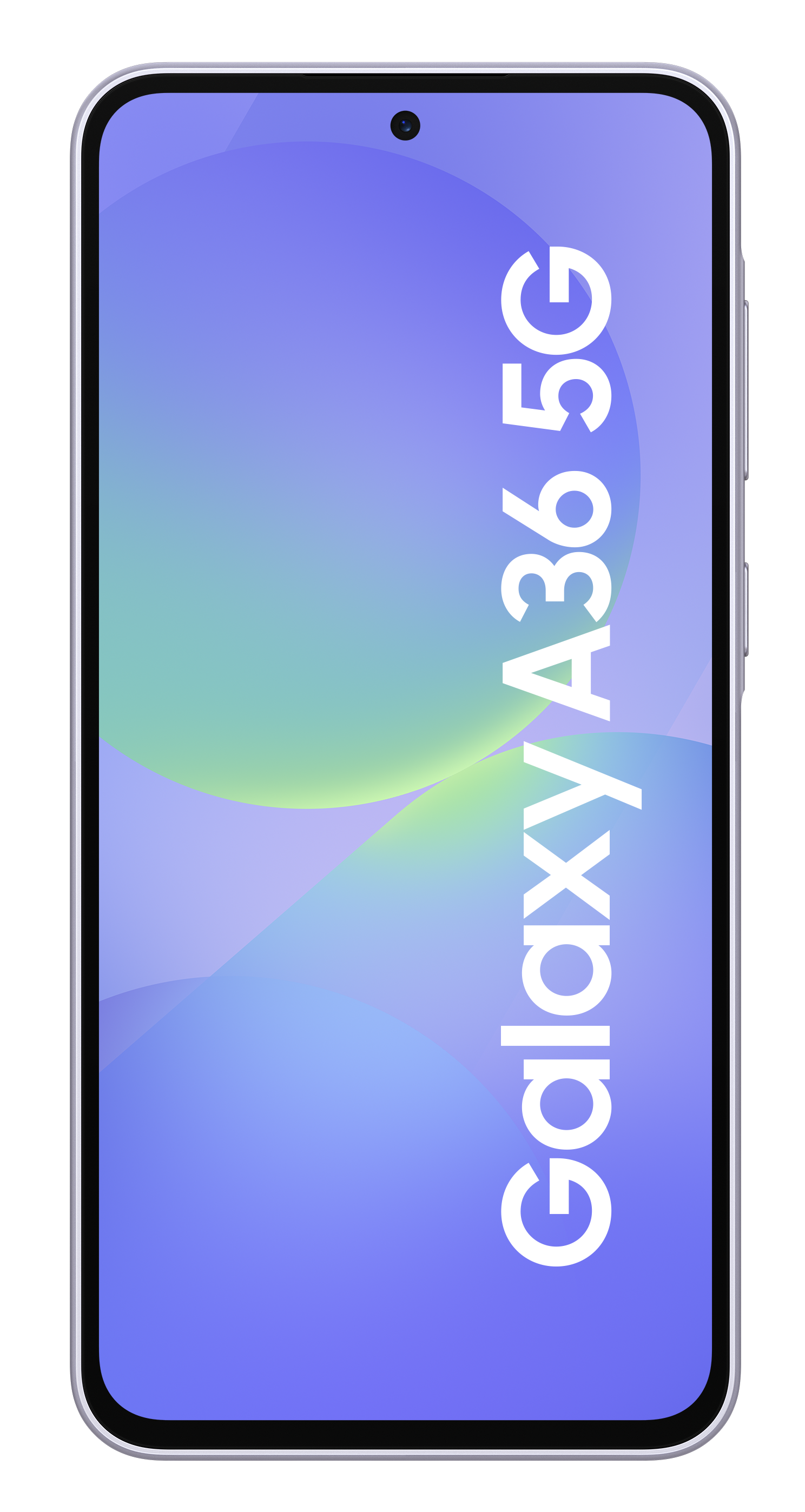 Telefon Samsung Galaxy A36 5G, biały, pionowy, czarne tło.