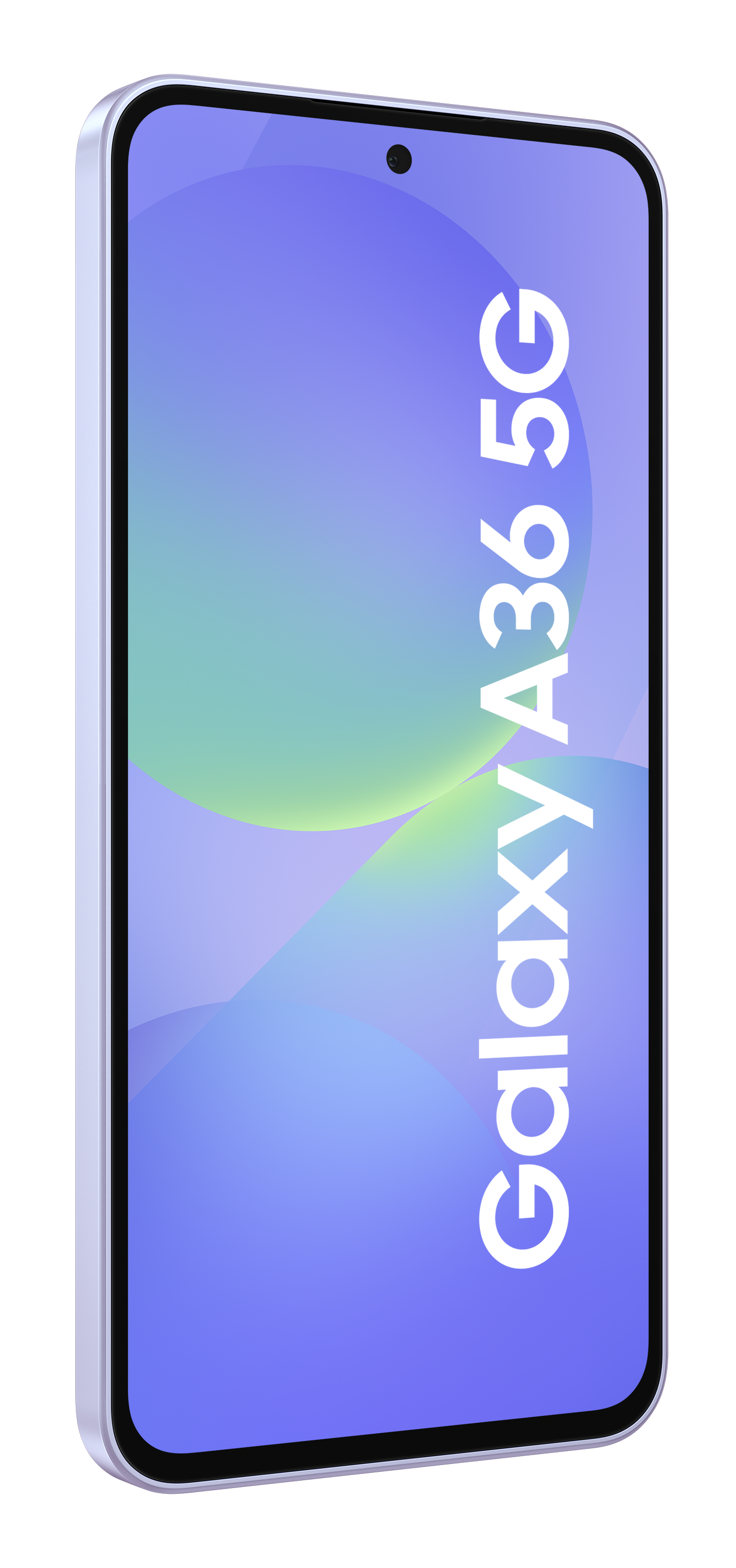 Jasnofioletowy telefon Galaxy A36 5G z zakrzywionym ekranem i tekstem.