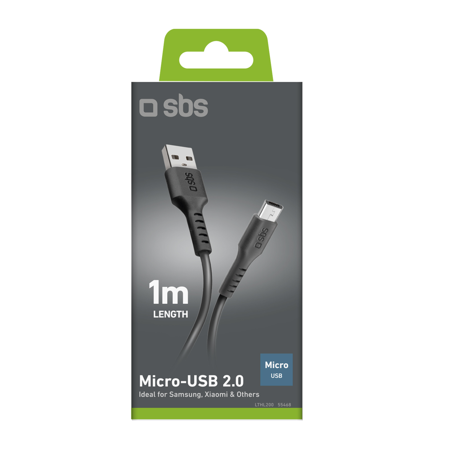 Black Micro-USB 2.0 cable in a gray and green package.