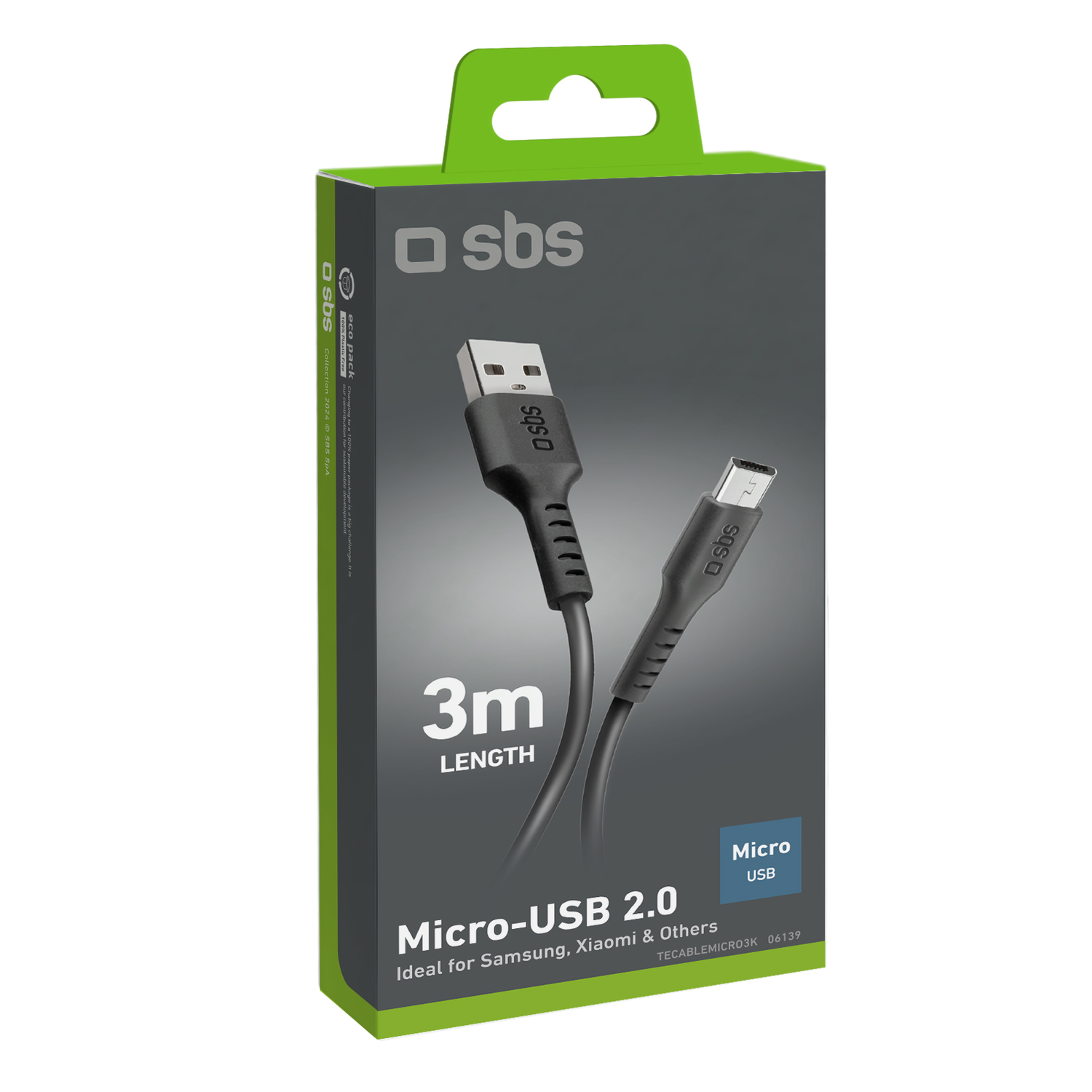 Black USB cable in a green and black box. It is a Micro-USB 2.0 cable.