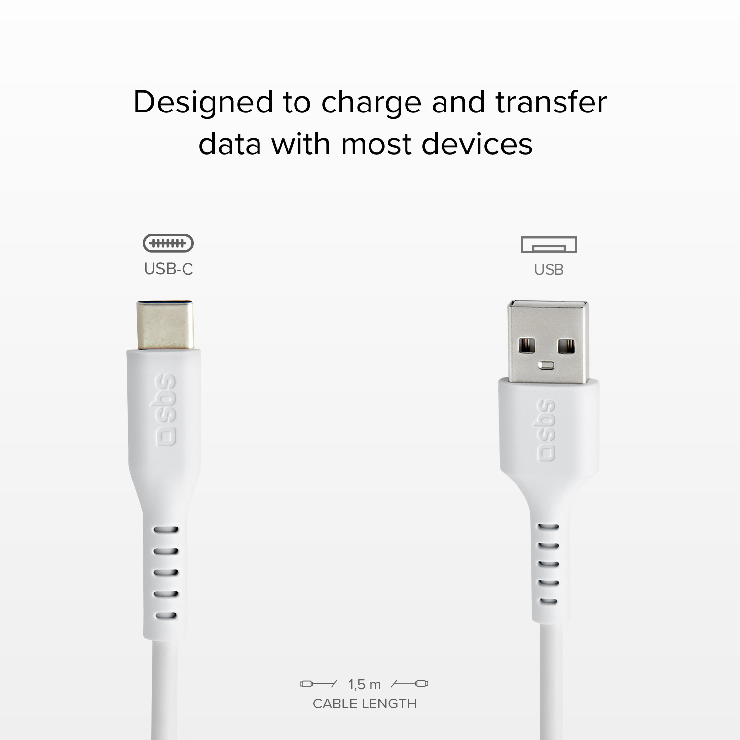 Deux câbles USB blancs. Un USB-C et un USB. Les deux portent la marque sbs sur les fiches.