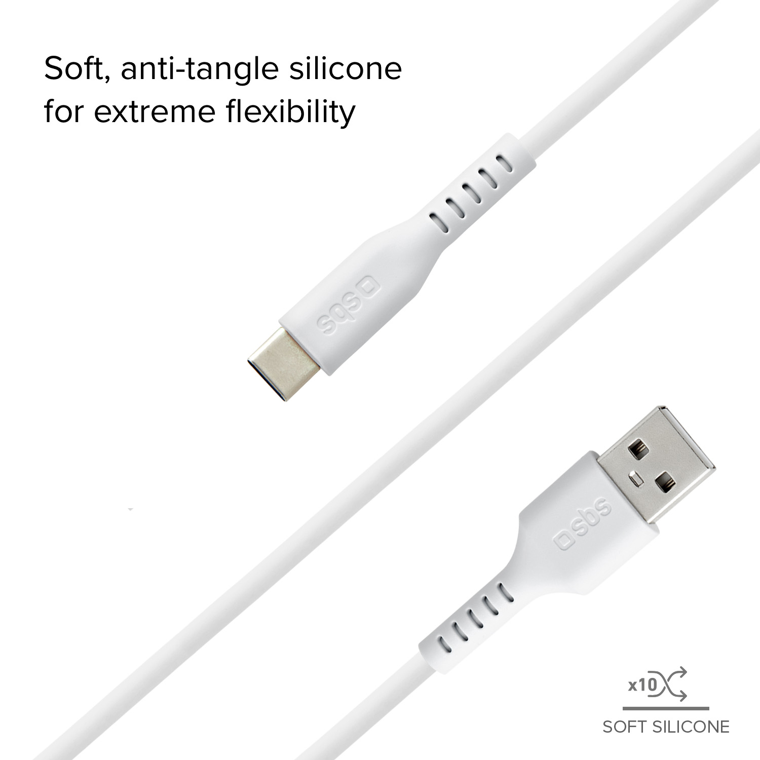 Câble USB-C blanc avec un connecteur USB-A. Il est présenté sur un fond blanc. Le texte met en évidence la flexibilité.