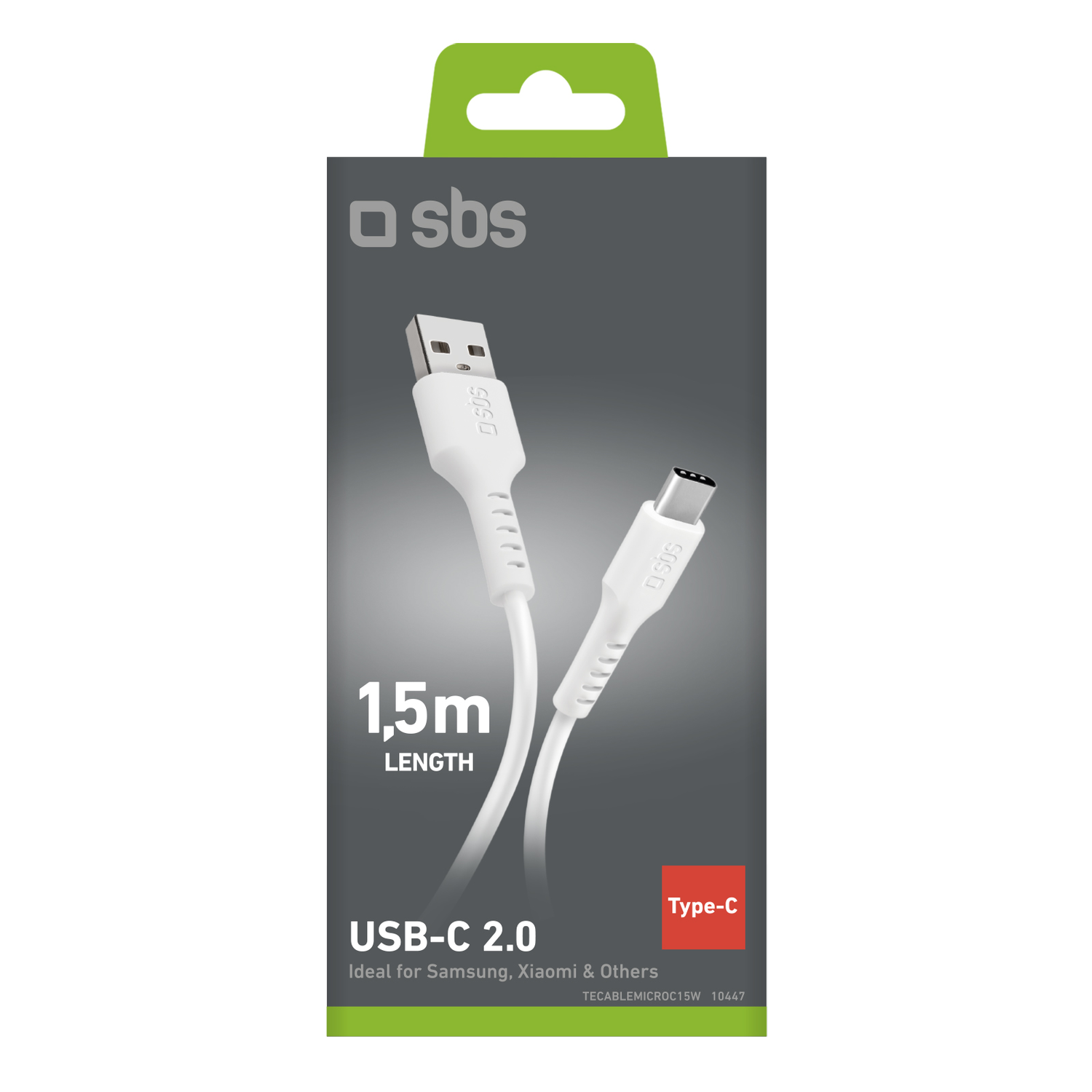 Câble USB-C blanc dans une boîte avec le logo 'SBS'. C'est un câble USB 2.0 de 1,5 m pour Samsung, Xiaomi et autres.