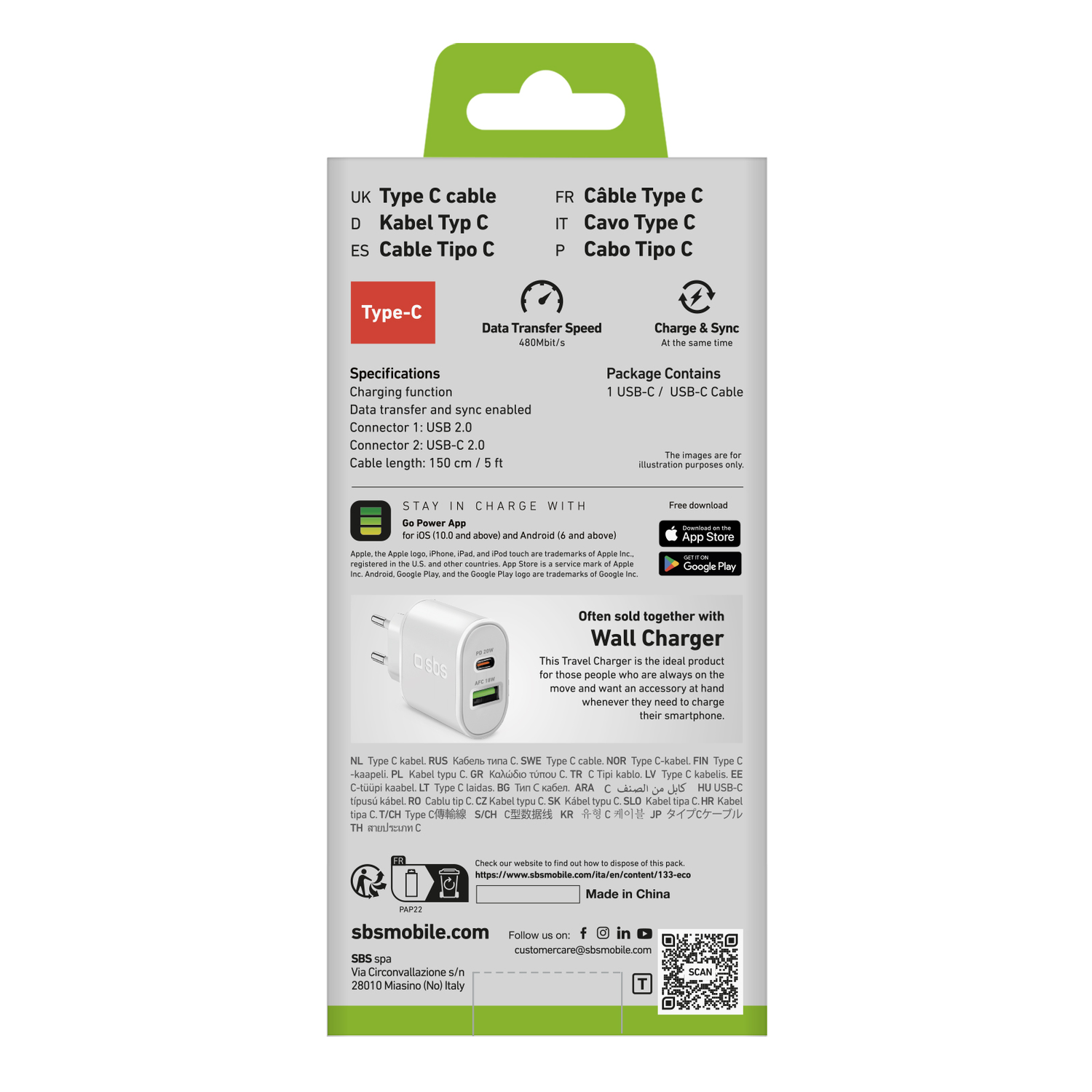 Boîte de produit pour un câble USB-C avec texte et images, sur fond blanc.