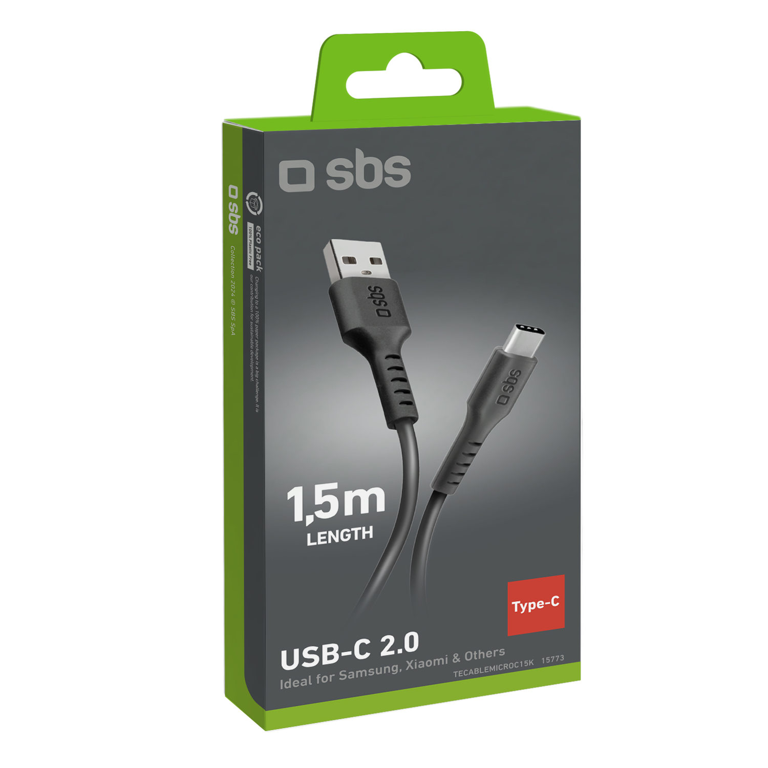 USB-C cable in a green and gray box with 1.5m length text.