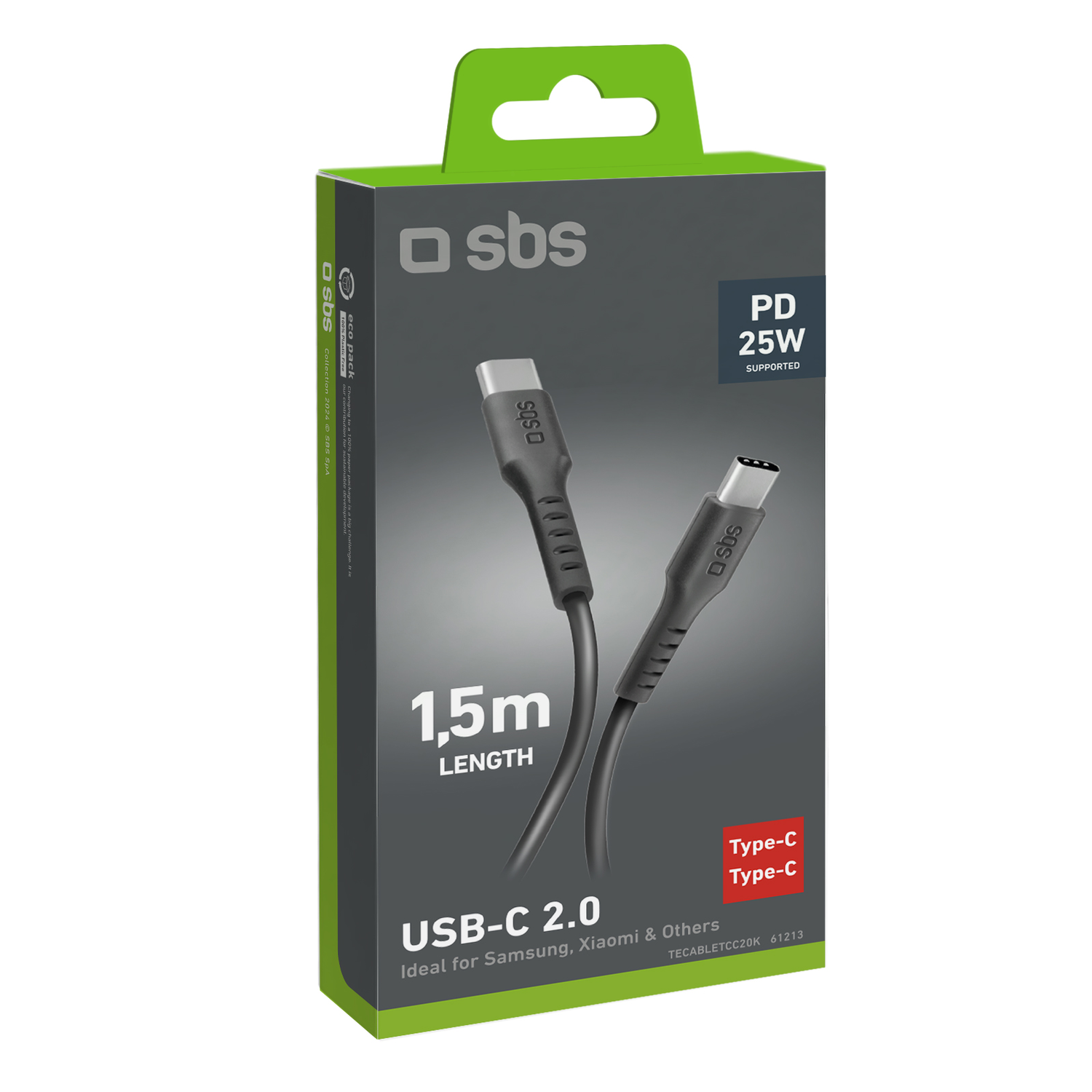 A black USB-C cable package with text.