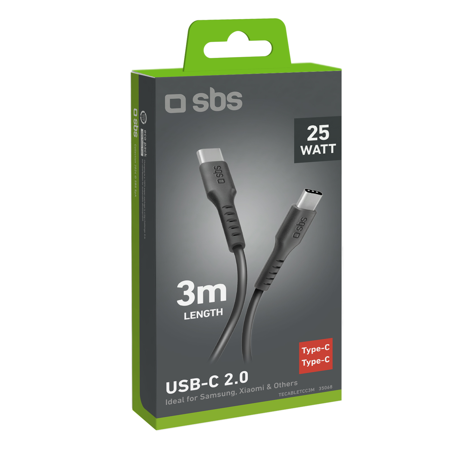 Boîte de câble USB-C avec une longueur de 3m et le texte '25 watts'.
