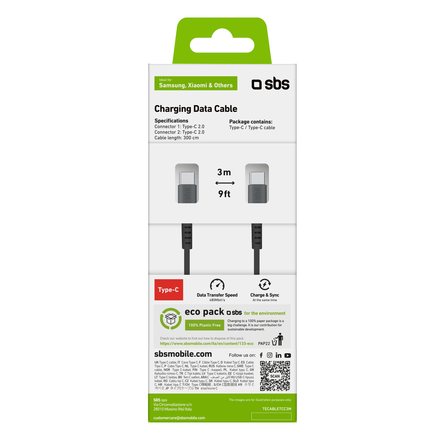 Emballage de câble de données de charge, avec connecteur, câble et spécifications. Fond blanc.
