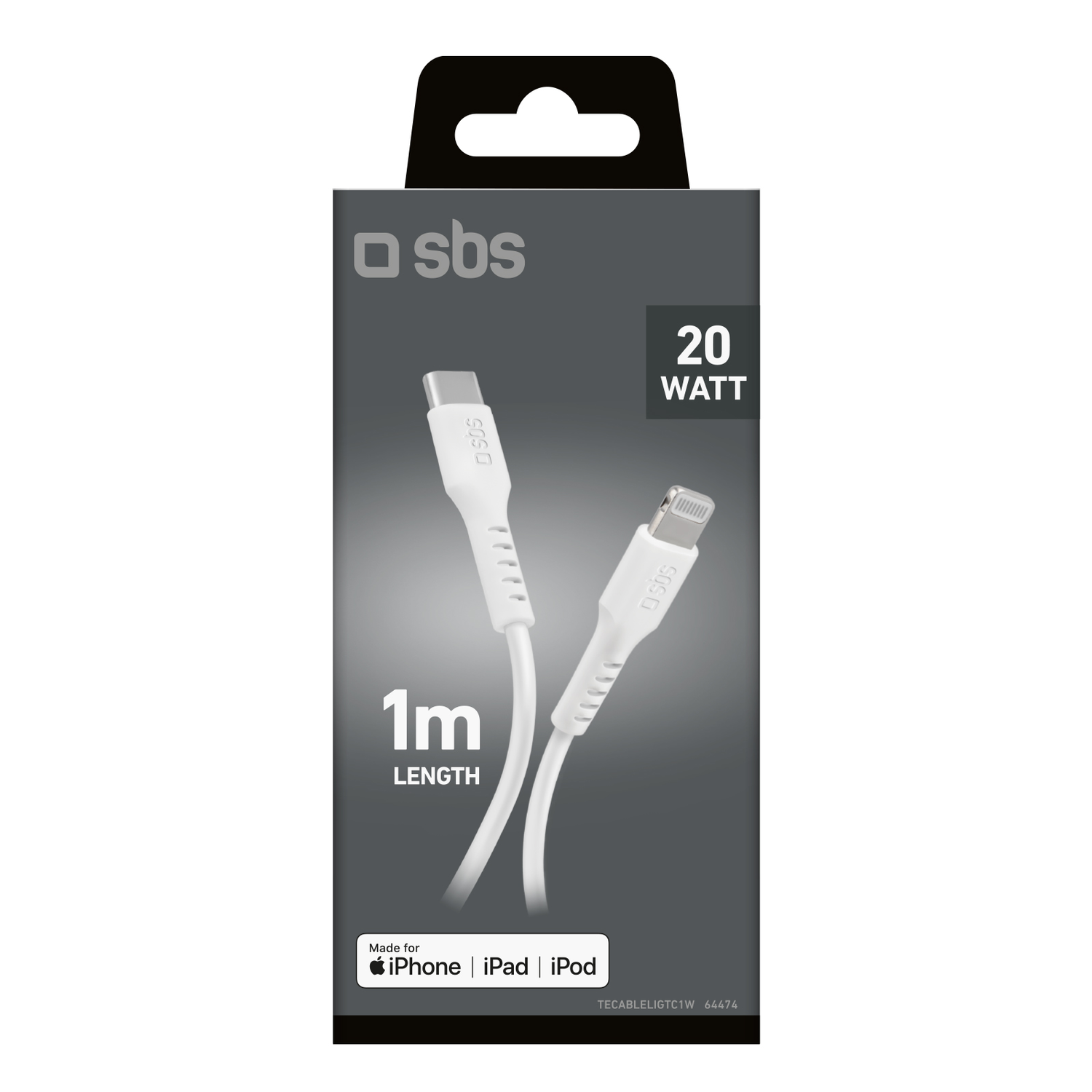 White charging cable in a box. The box has text and a picture of the cable.