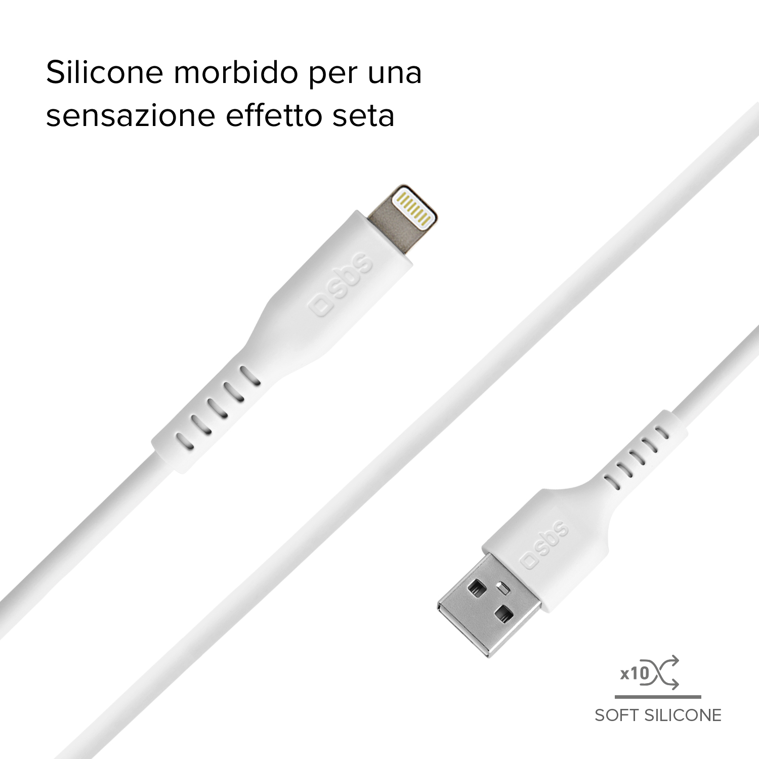 White charging cable with a lightning connector and a USB connector.