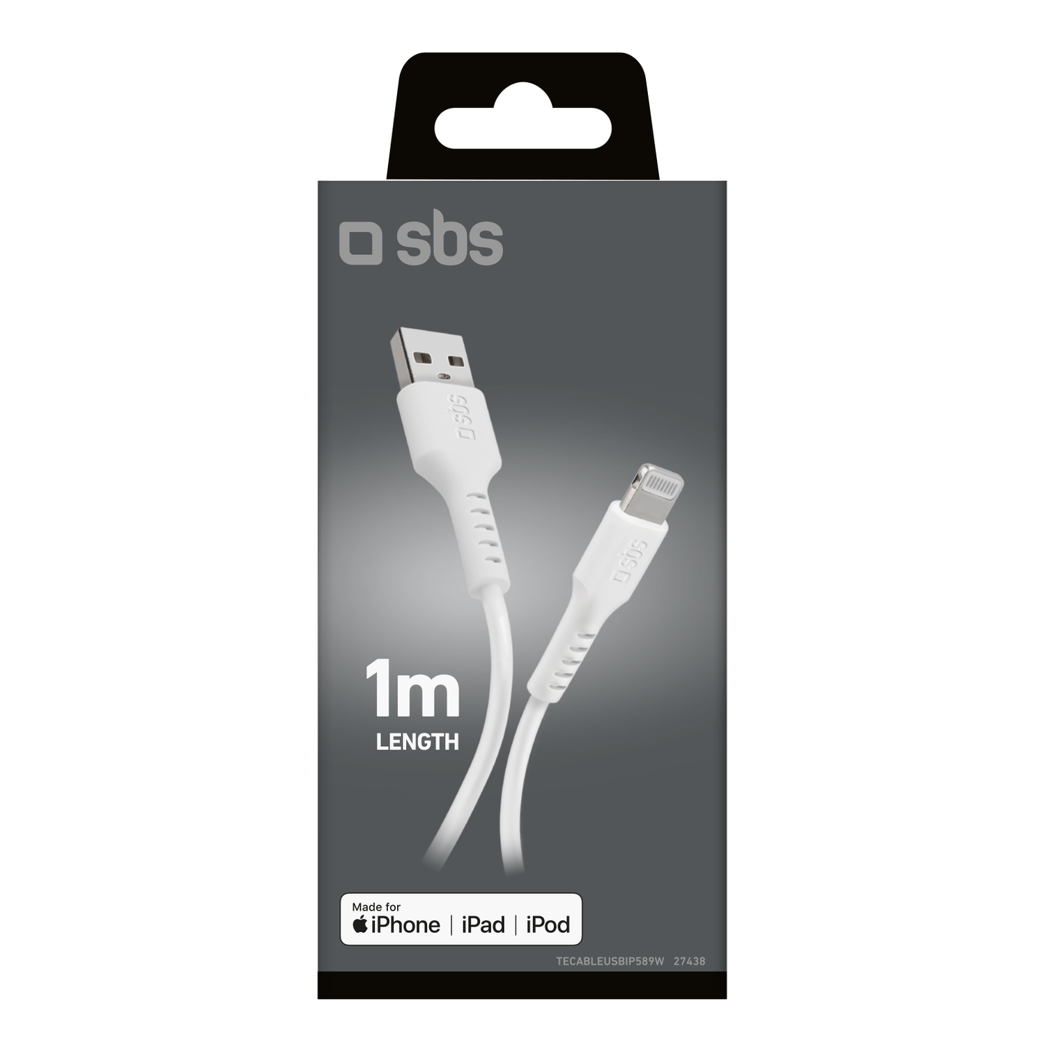 A white USB to Lightning cable in a black and gray package, with a white background.