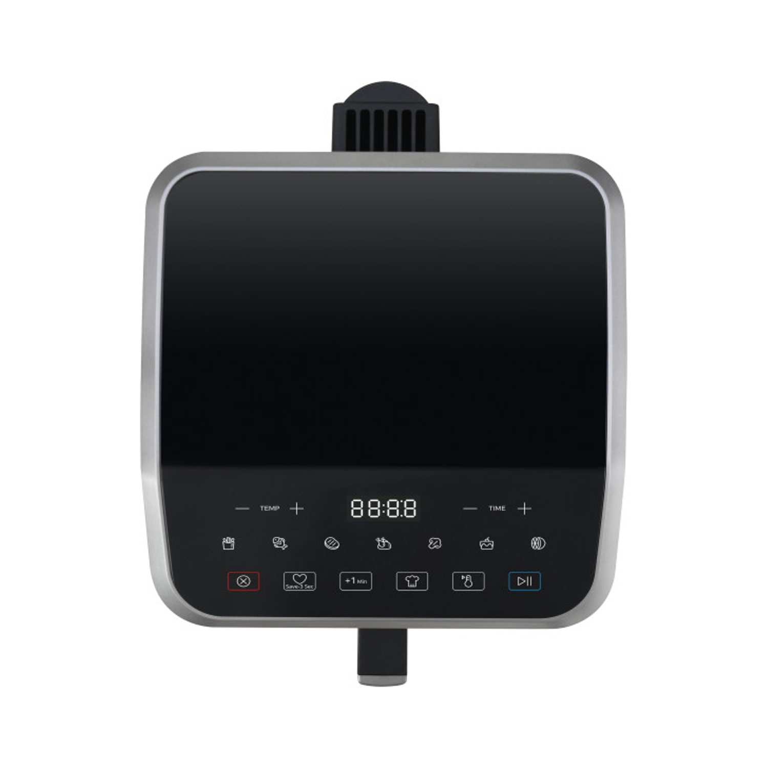 Un pannello di controllo della friggitrice ad aria con display digitale e diversi pulsanti.