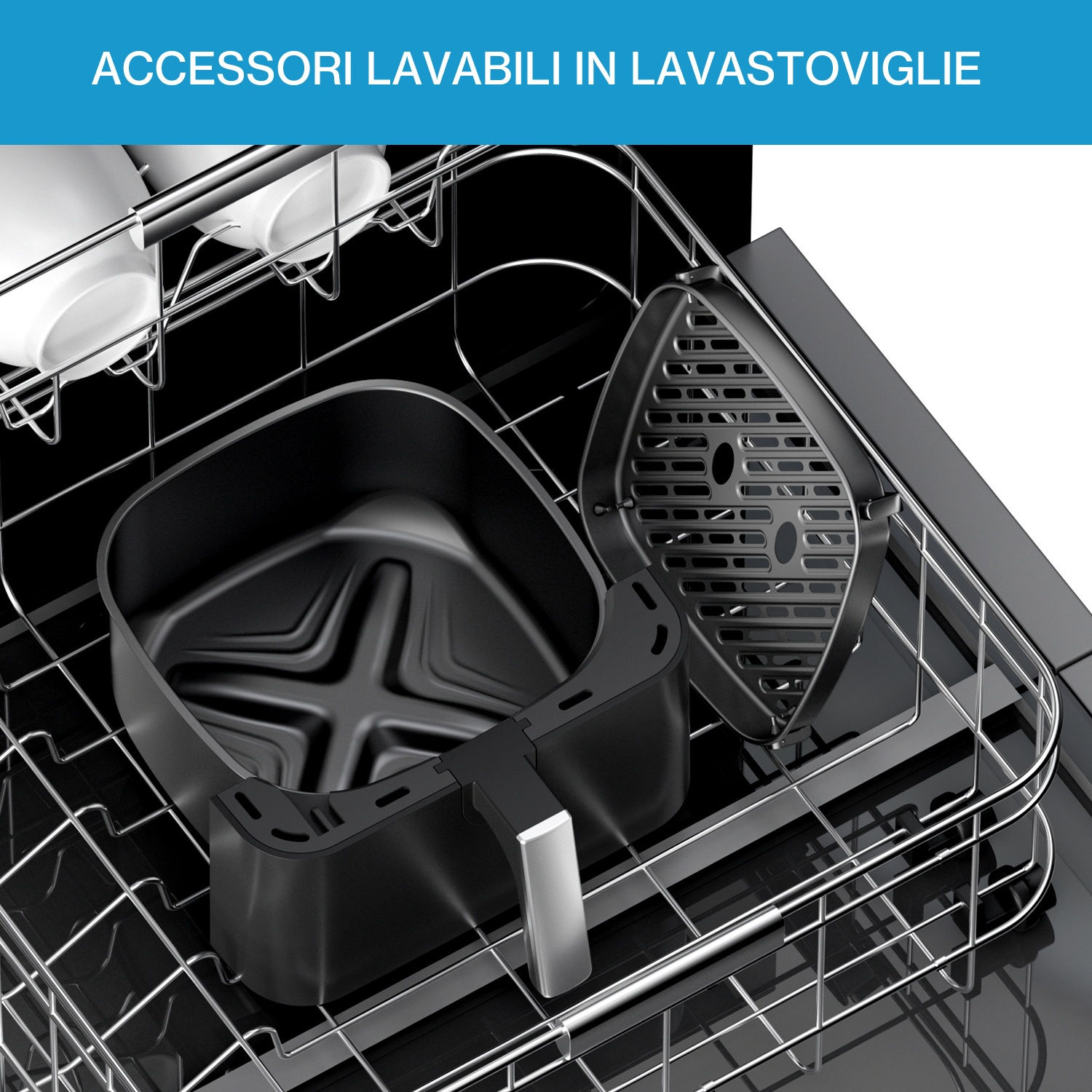 Parti di friggitrice ad aria nere all'interno di una lavastoviglie.