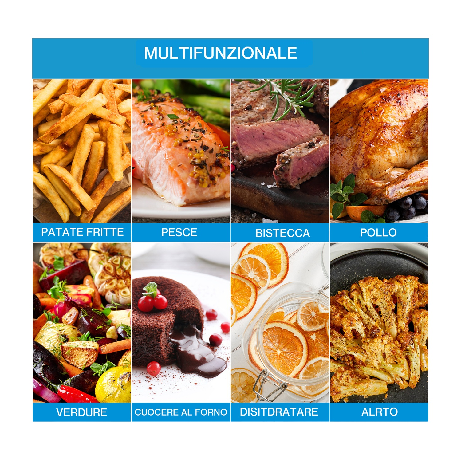 L'immagine mostra vari cibi cotti: patatine fritte, pesce, bistecca, pollo, verdure e altro.