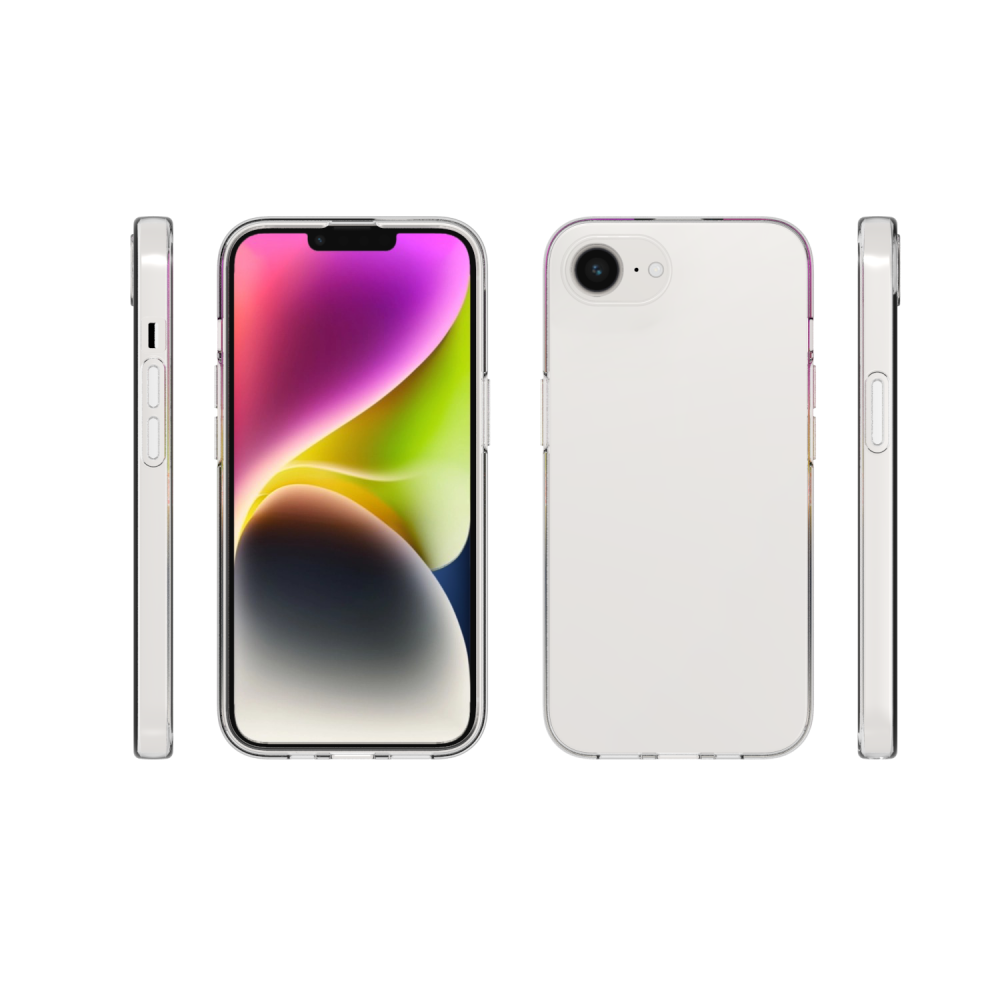 iPhone, fehér, különböző szögekből, átlátszó tok, fekete háttér.