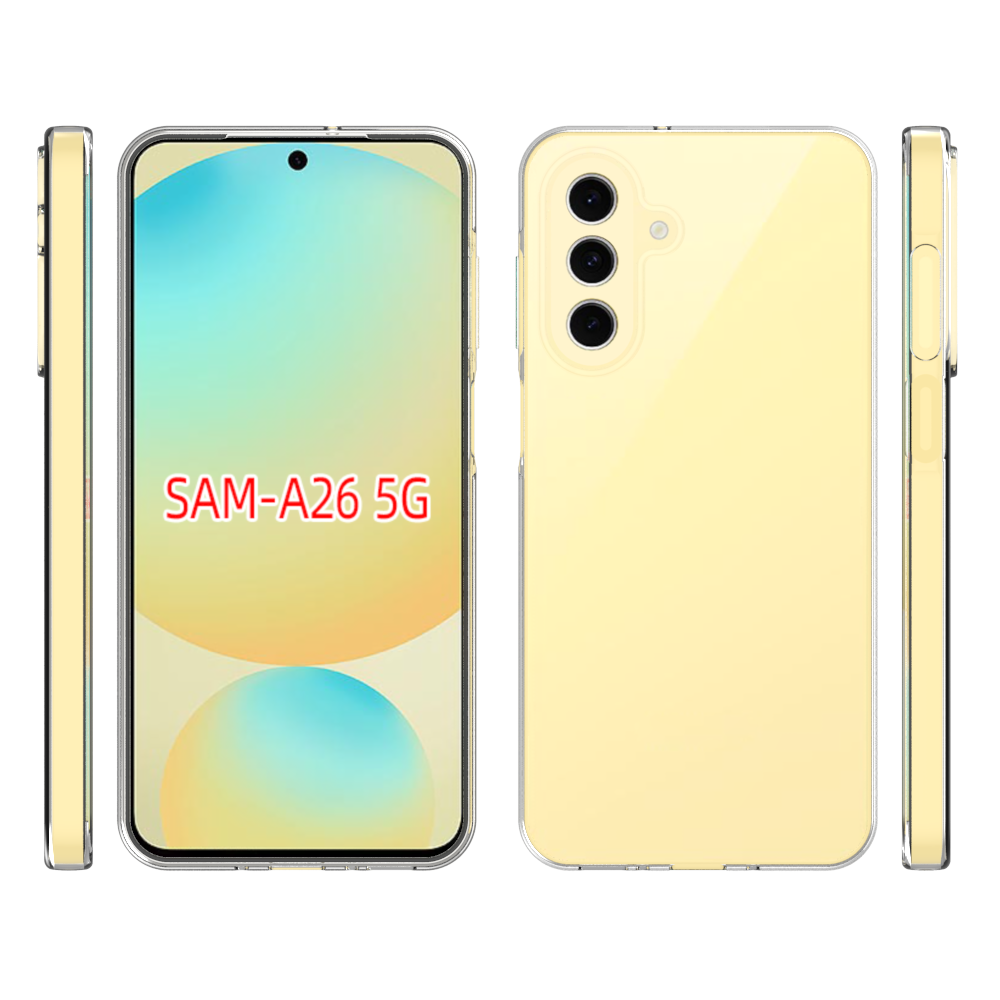 Sárga telefon, SAM-A26 5G, fehér háttérrel. Oldalnézet gombot és átlátszó tokot mutat.