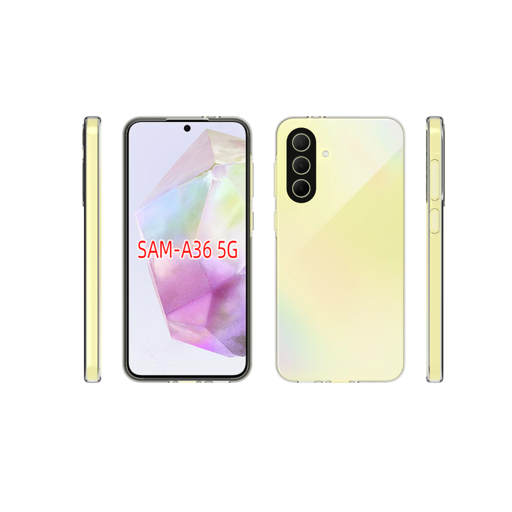 Egy Samsung A36 5G telefon, több szögből bemutatva. Sárgás szín.