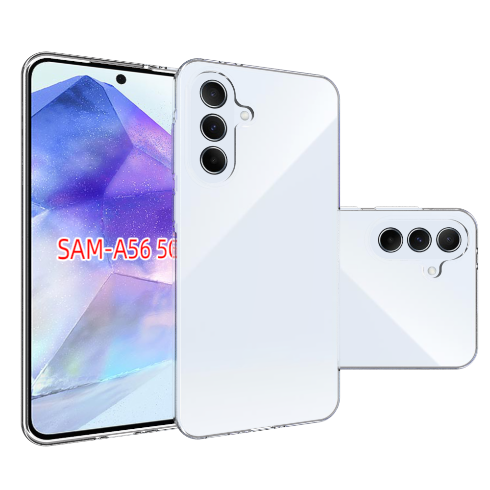 Fehér telefon három hátsó kamerával, egy másik telefon előtt. SAM-A56 5G szöveg.