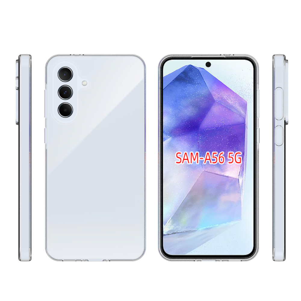 Egy fehér telefon SAM-A56 5G szöveget jelenít meg a képernyőn, a hátulján három kamerával.
