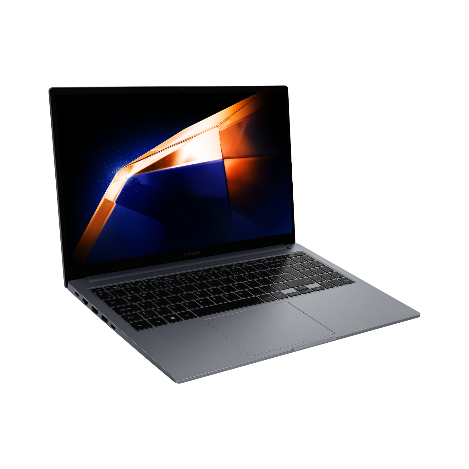 Laptop, gris, abierto, pantalla negra con arte abstracto naranja y azul.