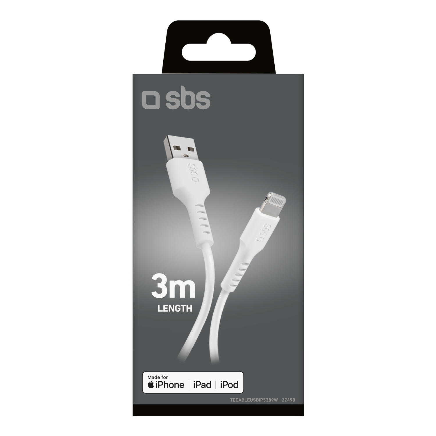 White iPhone charger cable in a box with text on the packaging.