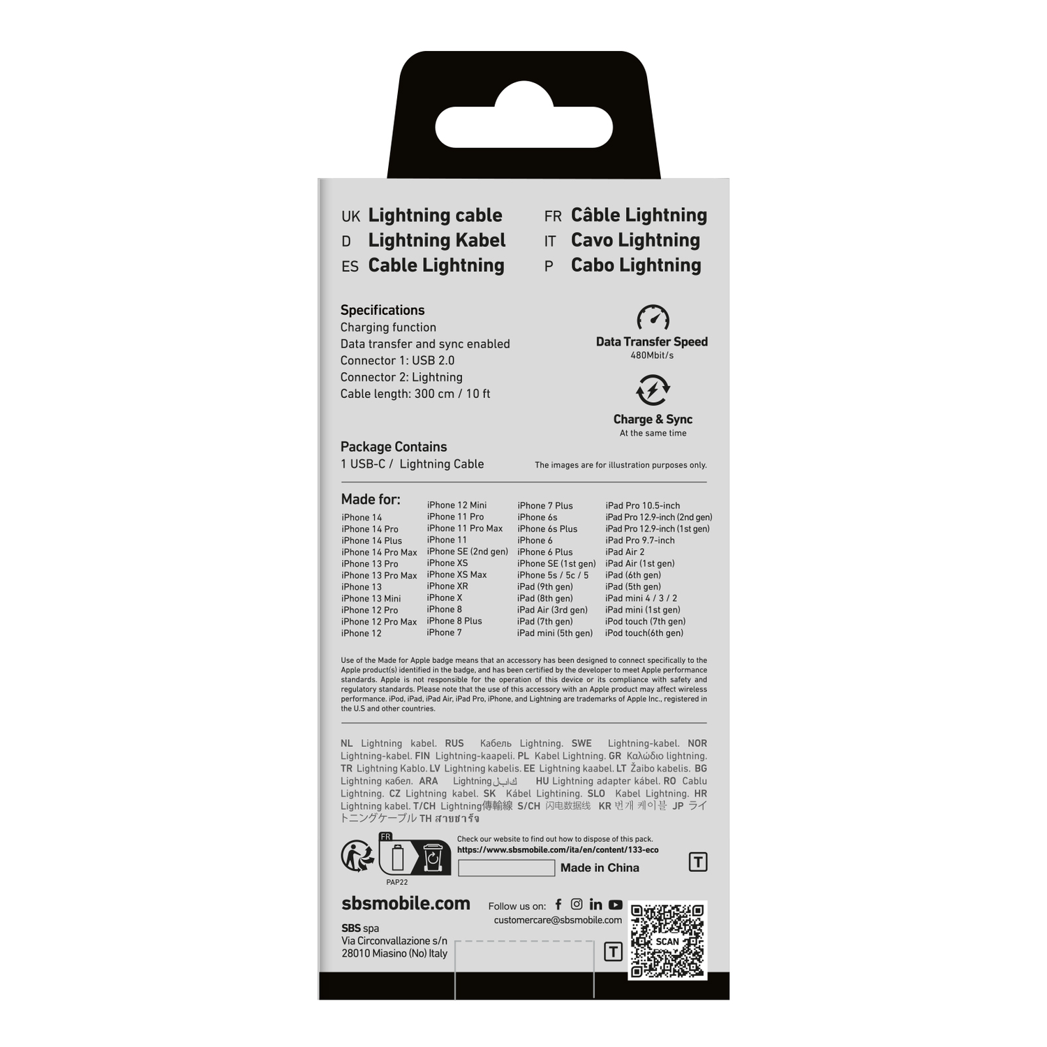 A white product description card with technical details and a list of compatible devices.