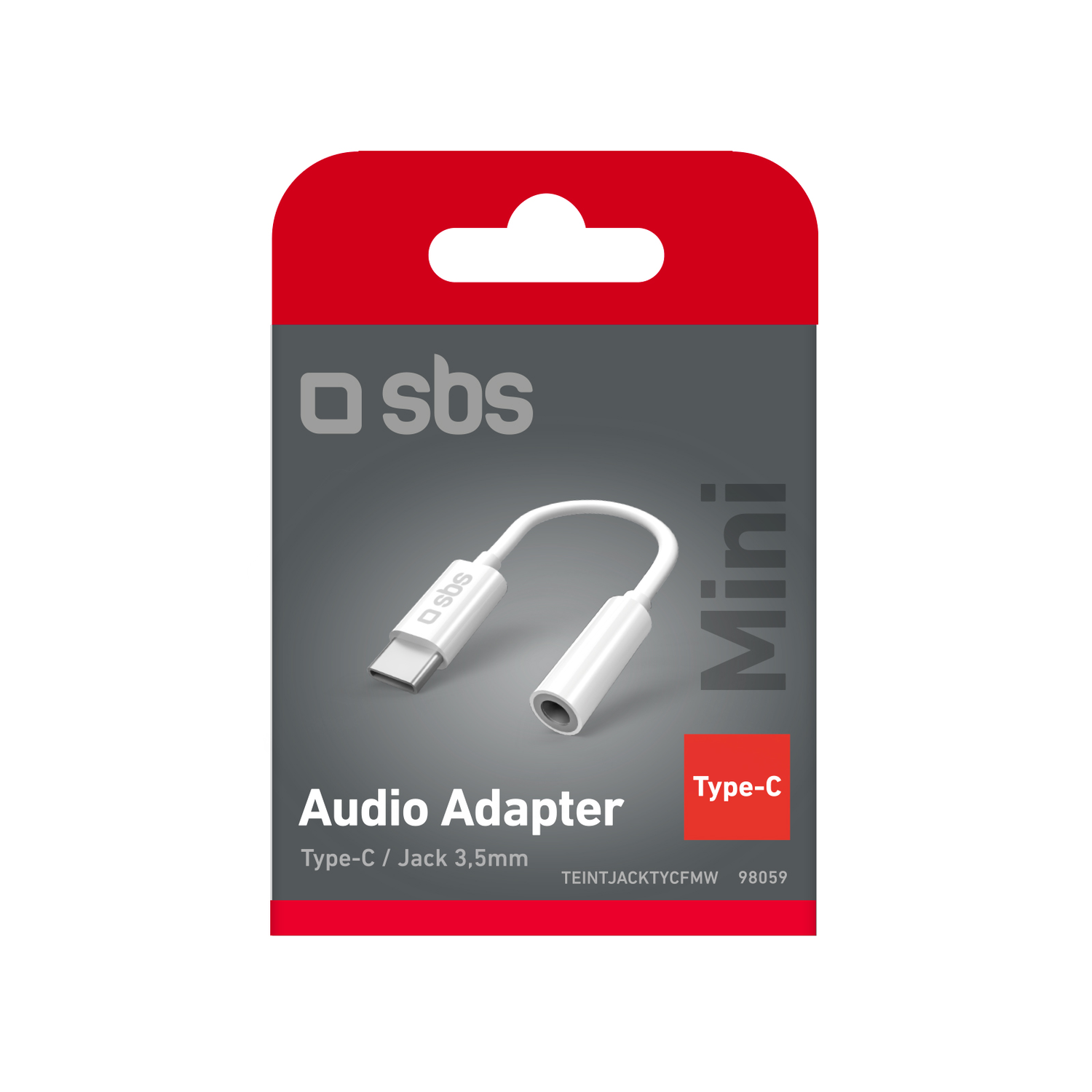 Un adaptateur audio blanc avec USB-C et prise 3,5 mm, emballé dans un étui rouge et blanc.