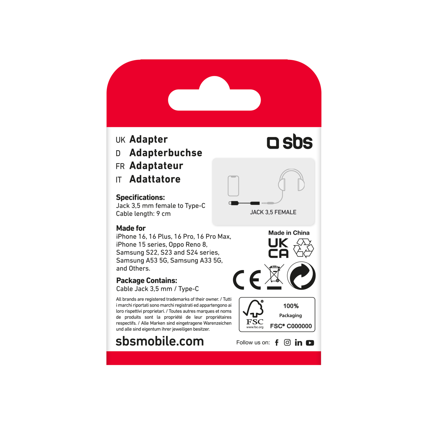 Étiquette d'emballage avec informations sur le produit : une prise de câble et un adaptateur.