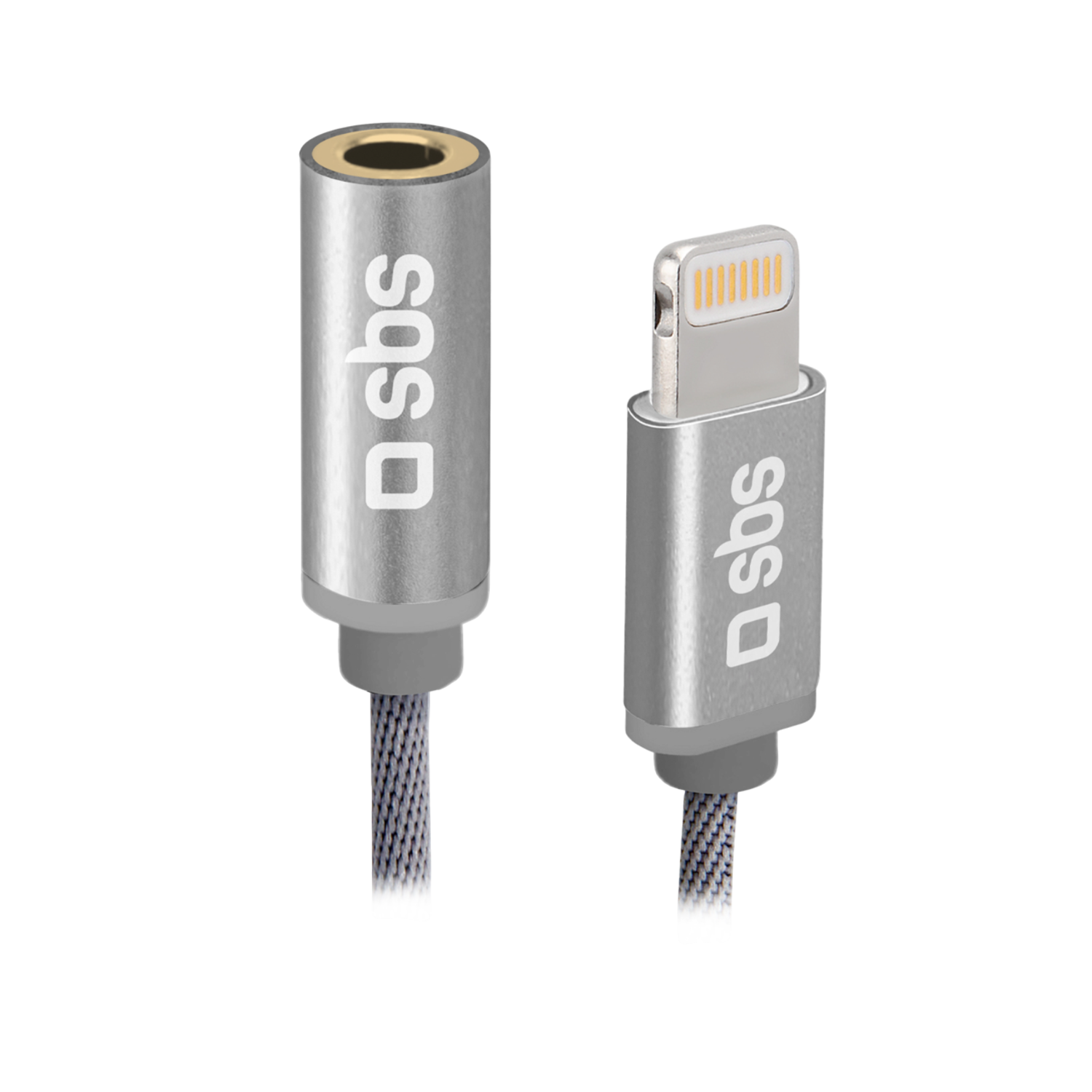 Zilveren audio adapter en lightning kabel. Beide hebben het sbs logo.