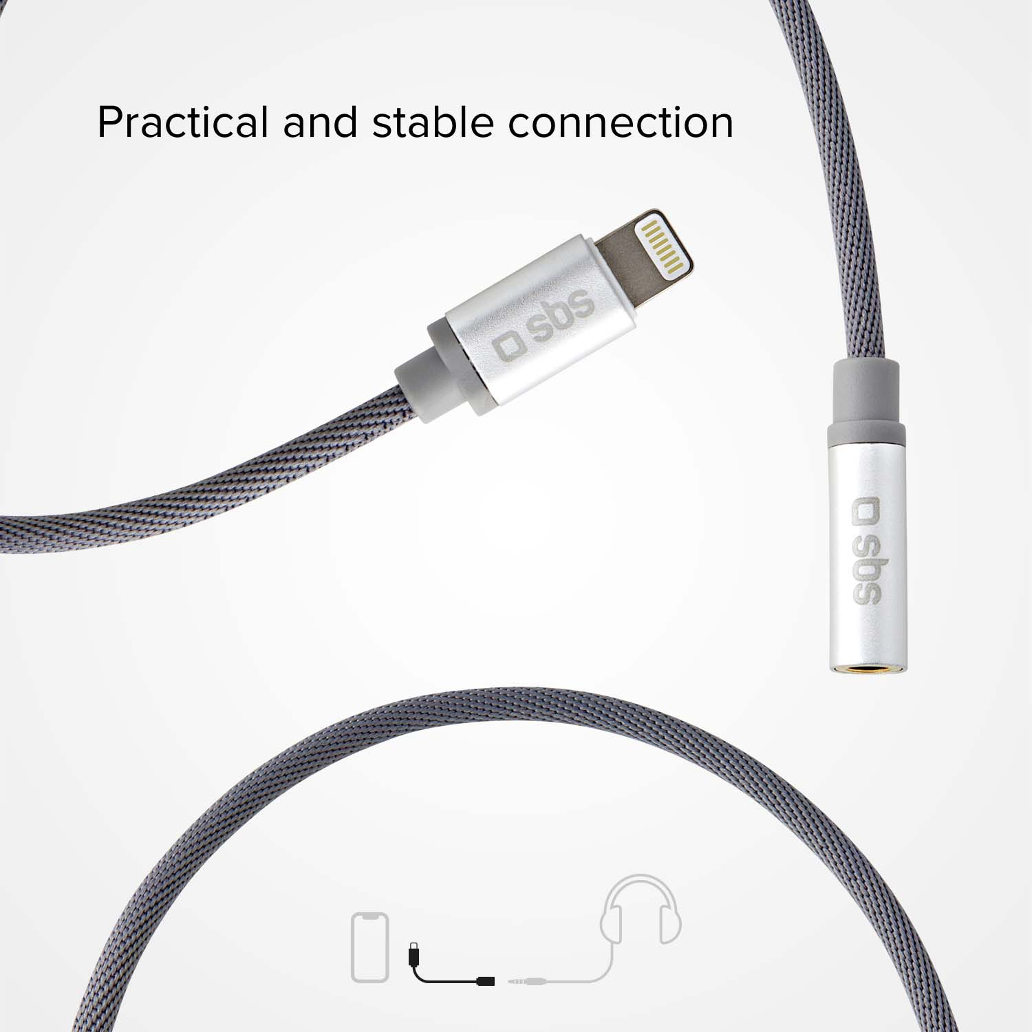 Zilveren USB-C naar Lightning-kabel. Grijze kabel met zilveren connectoren. Witte achtergrond.