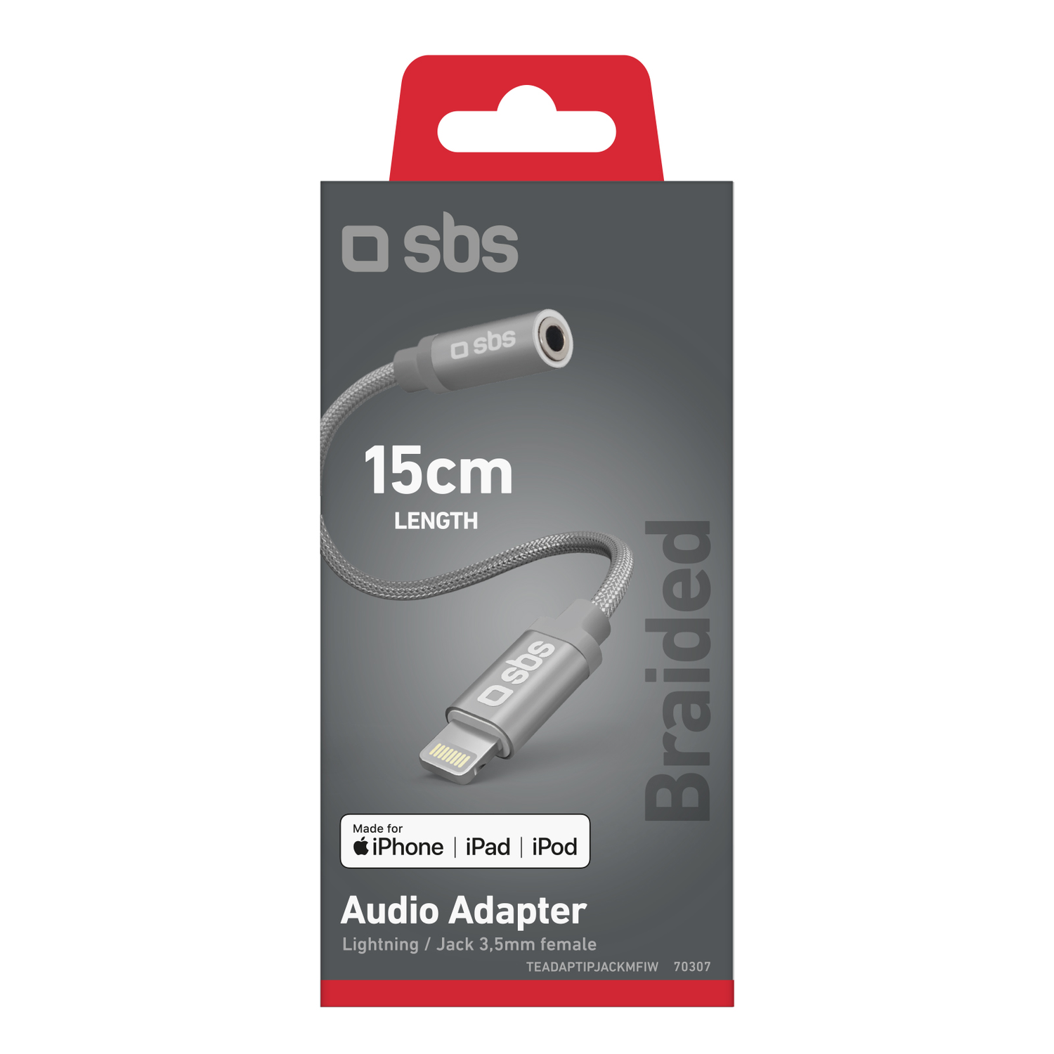 Verpakking van audio-adapter met de adapter zichtbaar. Tekst op de verpakking. Witte achtergrond.