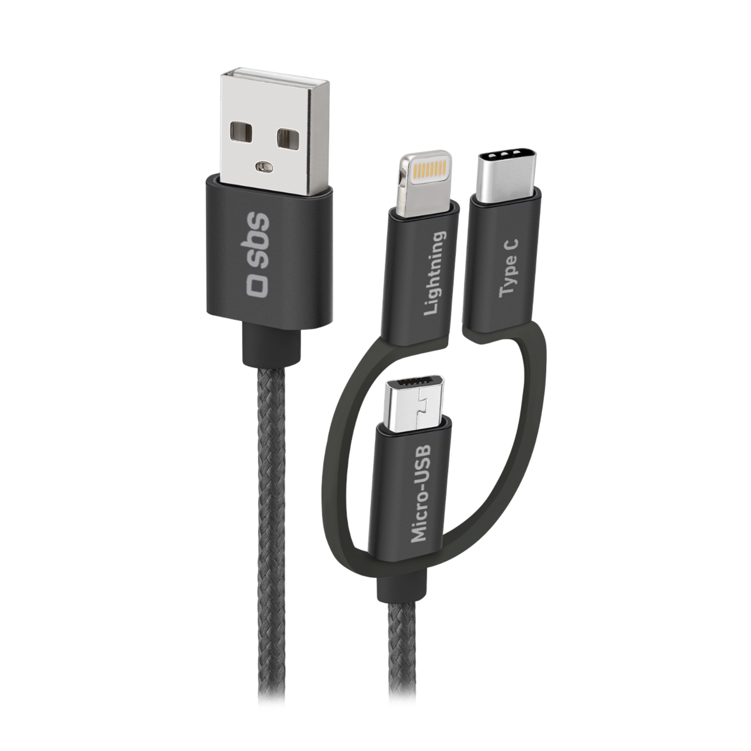 Sbs Mobile Cable Usb-a To Micro Usb/usb-c/lightning 3in1 Braided 1.2m Black Kabel 12 M Zwart