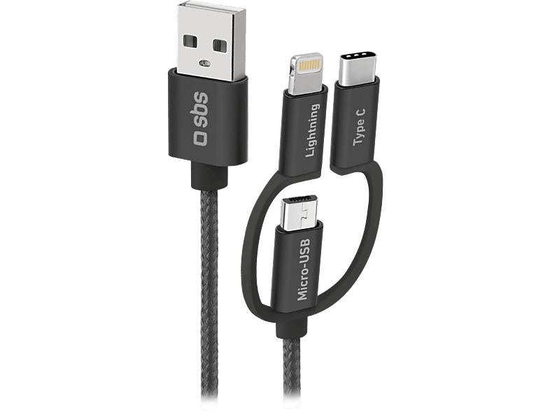 Sbs 3-in-1 Gevlochten USB-A naar Micro USB/USB-C/Lightning Kabel 1.2m Zwart