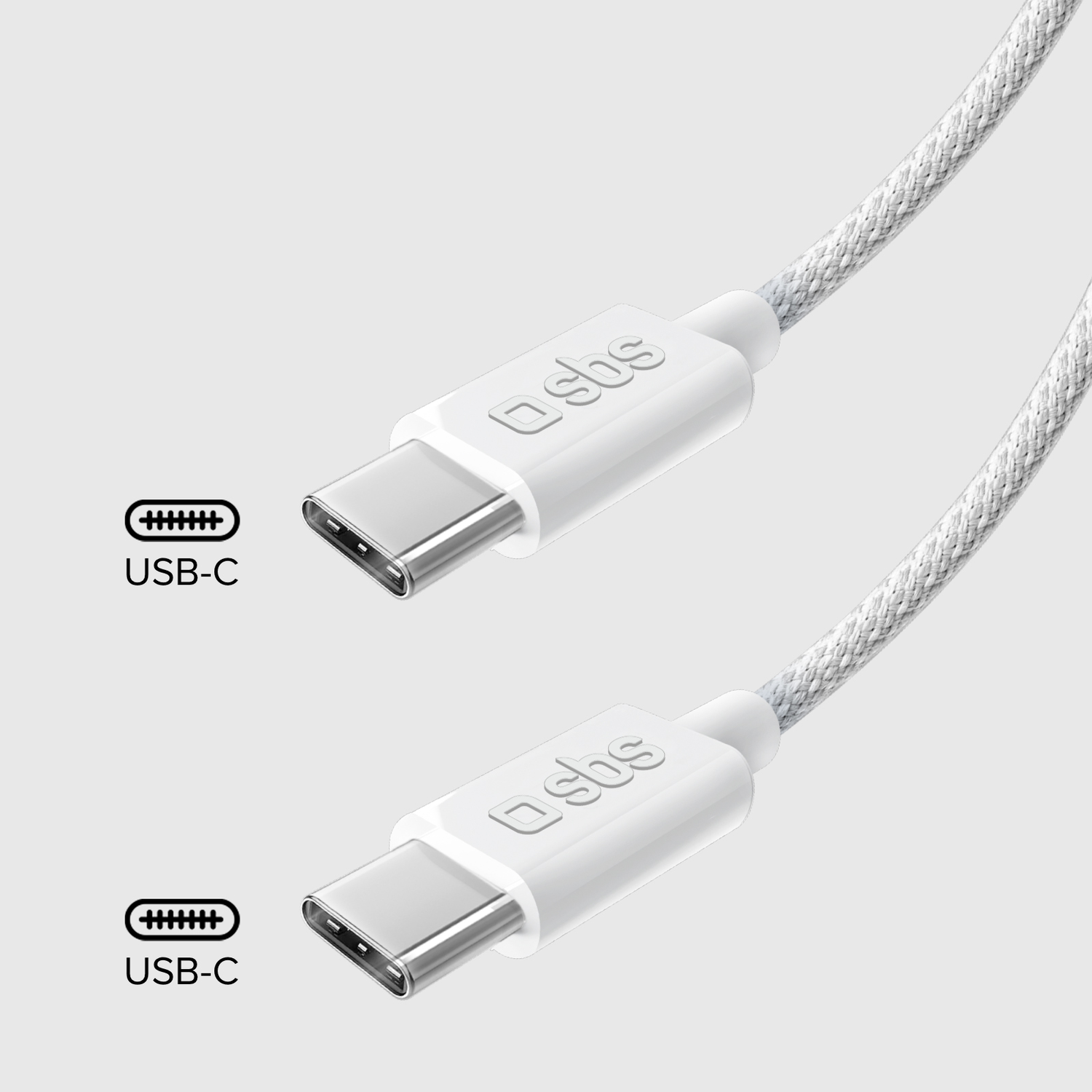 White USB-C cable with connectors, close-up on a gray background.