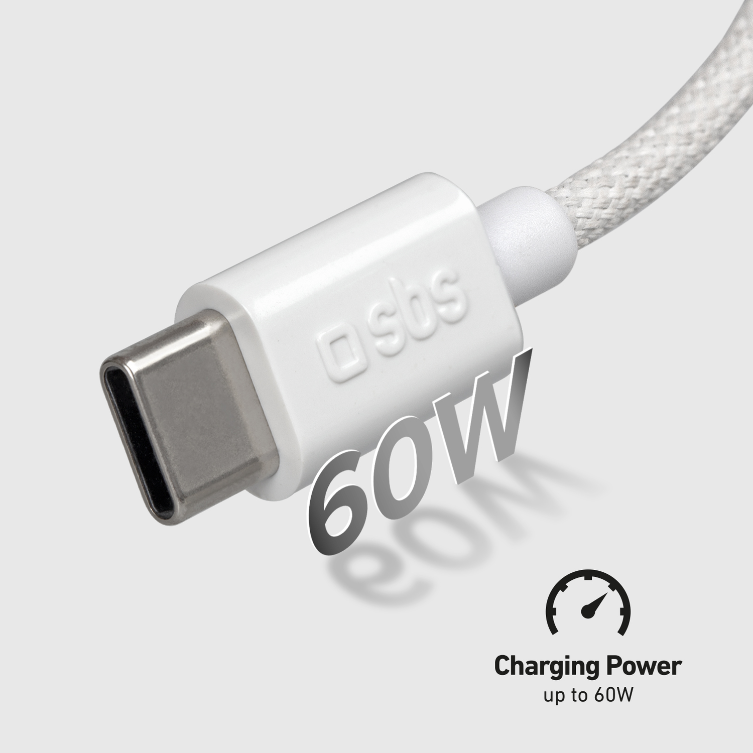 A white cable with a white connector and a 60W label.