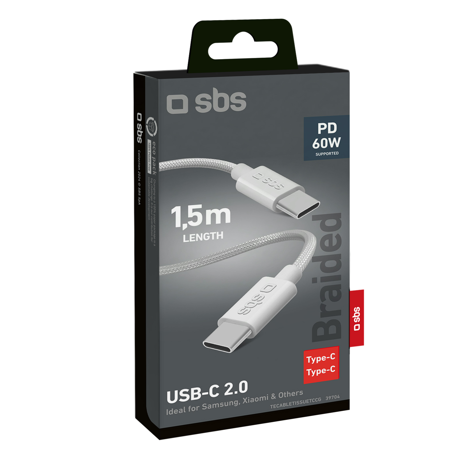 USB-C to USB-C cable in its box. Black box, white cable. 