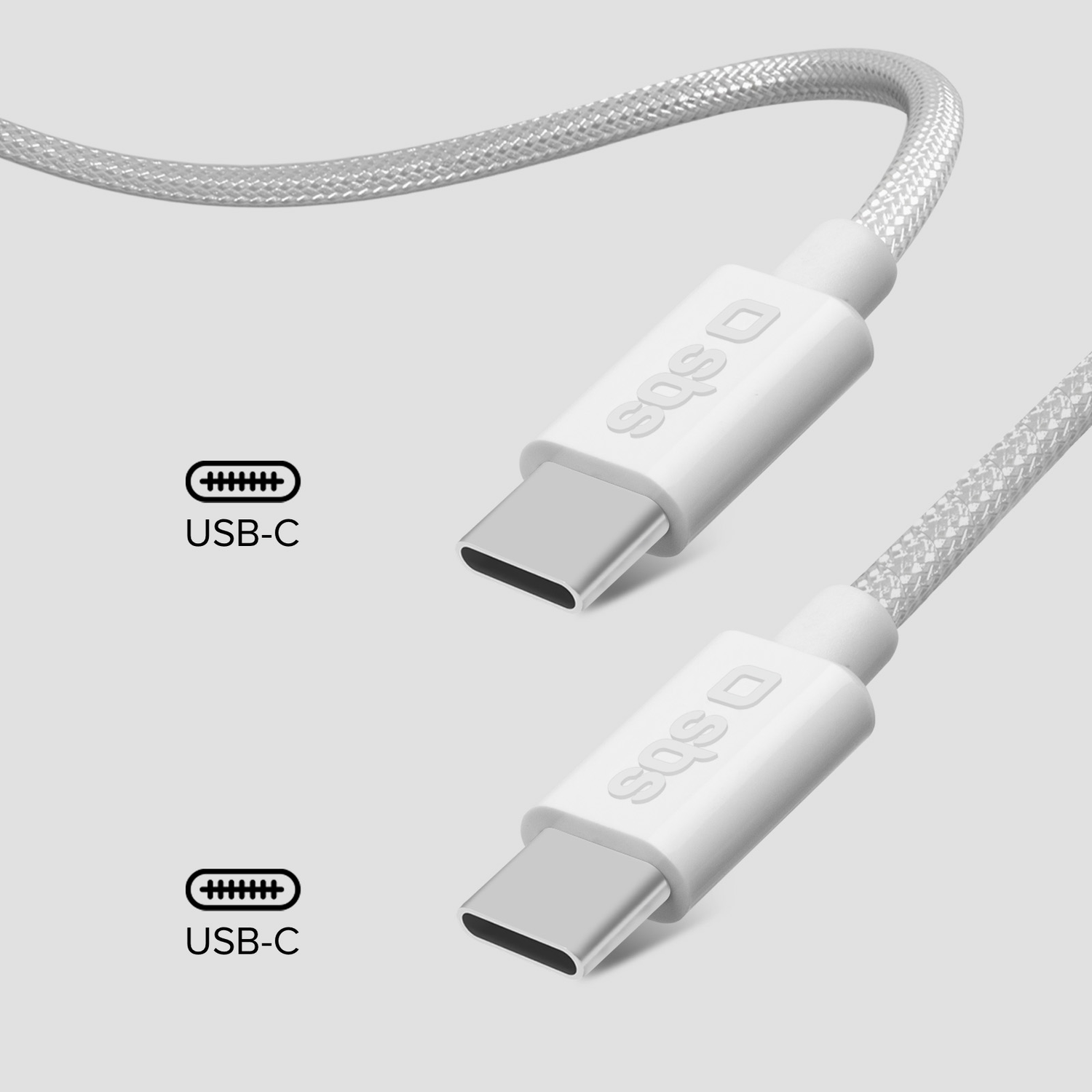 Deux câbles USB-C, blancs avec tresse grise, avec connecteurs et le logo 'sbs' sur fond gris.
