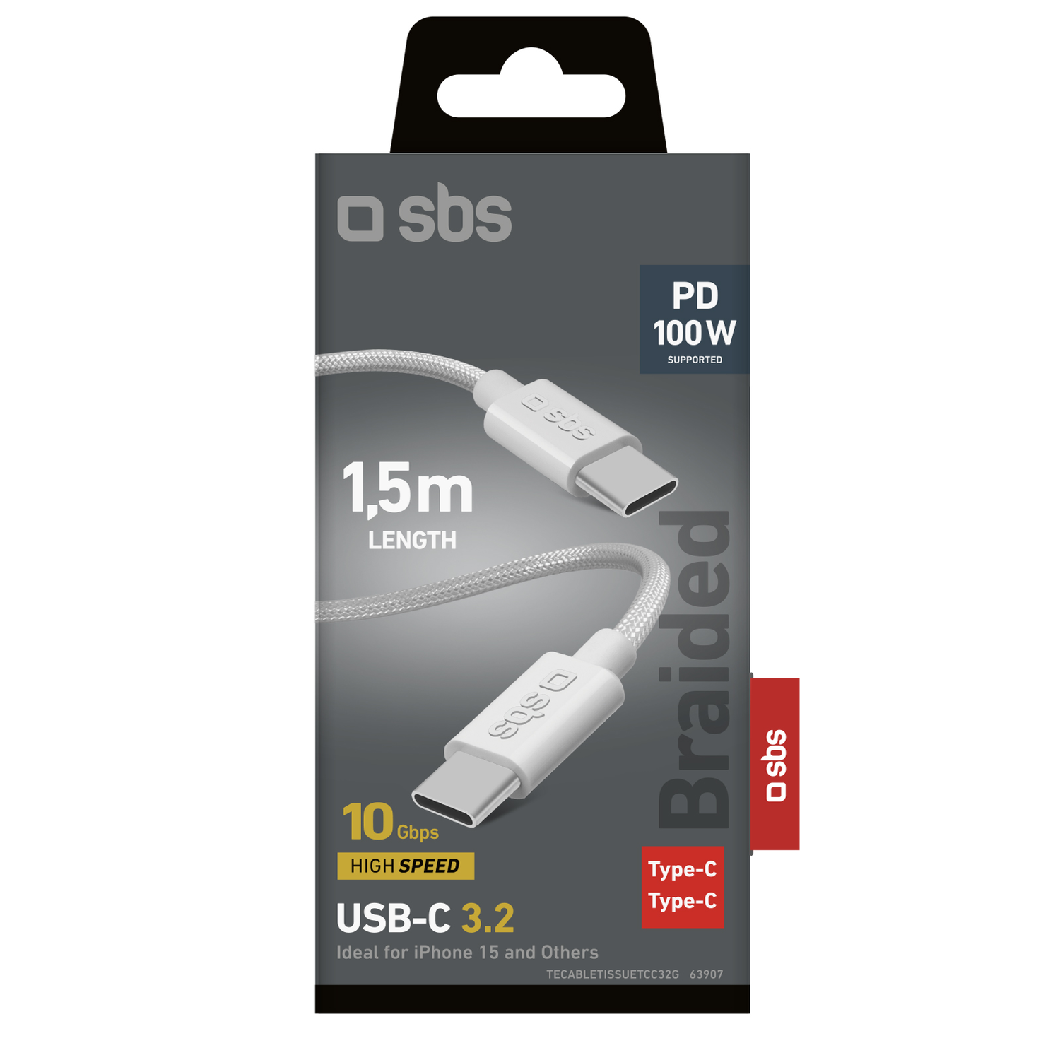 Câble USB-C blanc dans une boîte. Le texte dit : '10 Gbit/s High Speed USB-C 3.2'. Le fond est blanc.