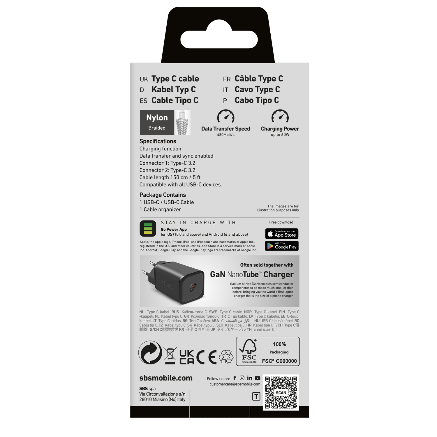 Emballage pour un câble USB-C et un chargeur GaN. Le câble est tressé.