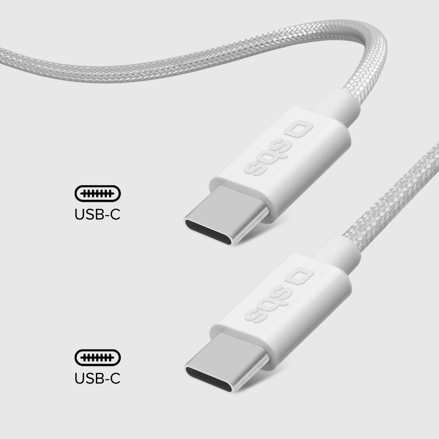 Deux câbles USB-C blancs avec connecteurs USB-C. La marque est SBS.
