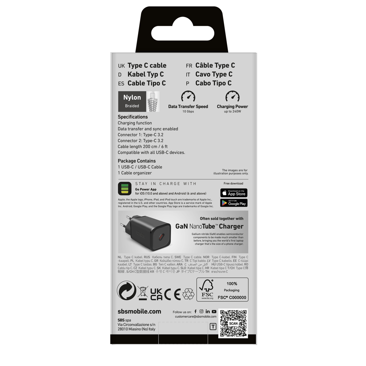 Emballage d'un câble USB-C avec texte et images. Nylon, tressé, noir.