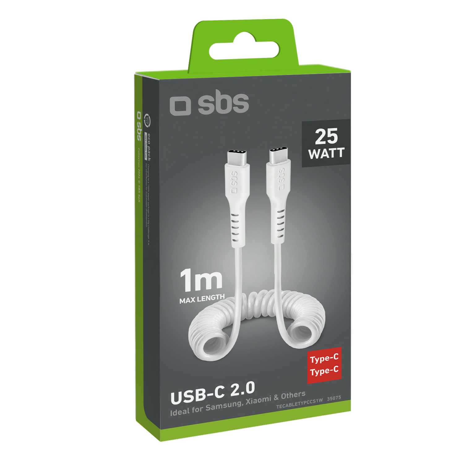 Boîte avec un câble USB-C blanc. C'est un câble USB 2.0 de 1 m avec un design en spirale, pour Samsung et Xiaomi.