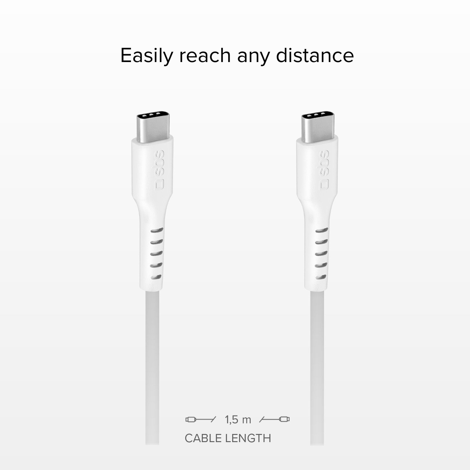 Deux câbles USB-C blancs sont affichés avec le texte 'Easily reach any distance'.